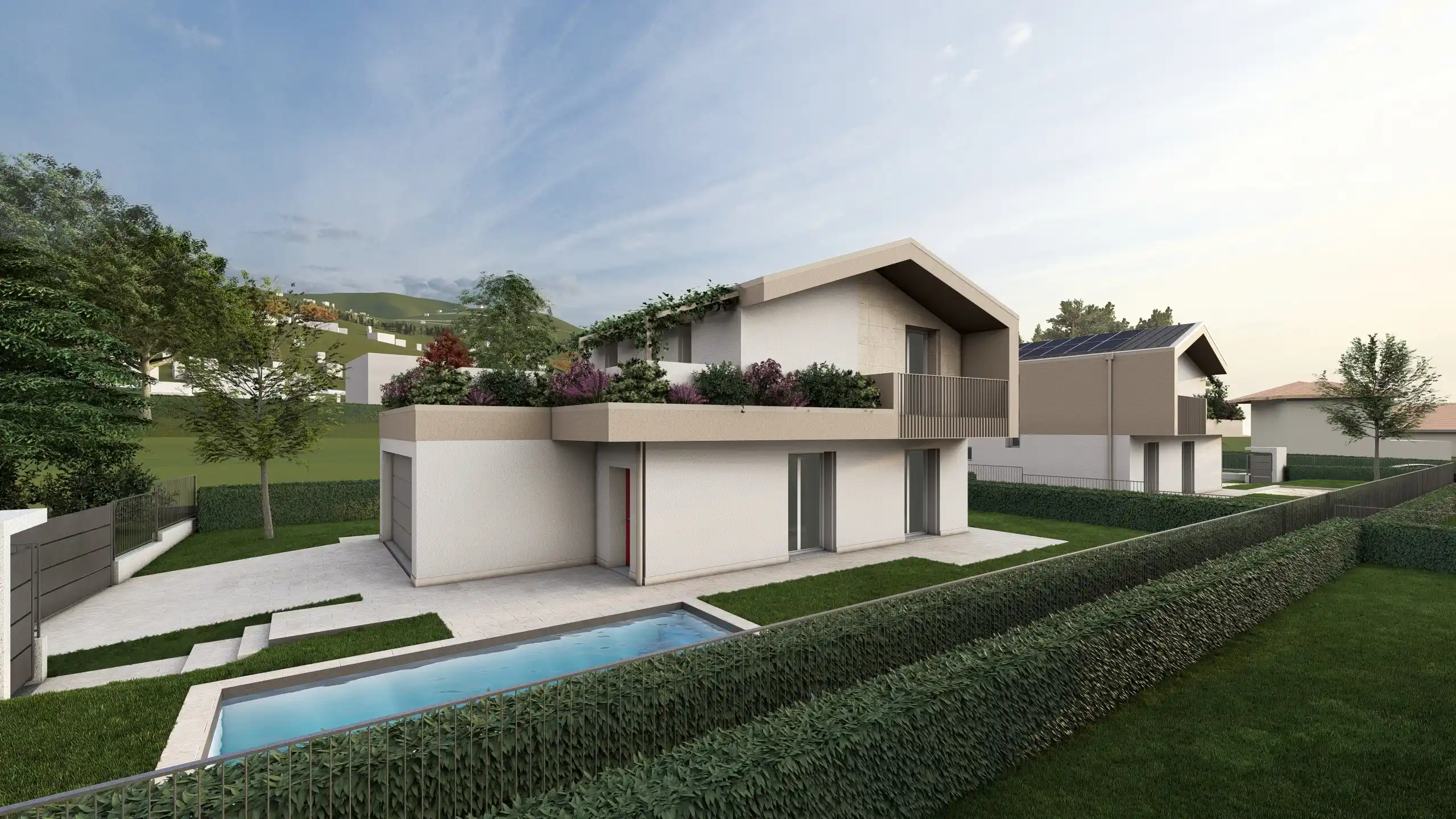 Render di una Villa unifamiliare ad Albavilla in provincia di Como, in vendita da Casalino Engineering. La villa è color panna e si sviluppa su due piani e ha giardino e piscina e siepe di protezione