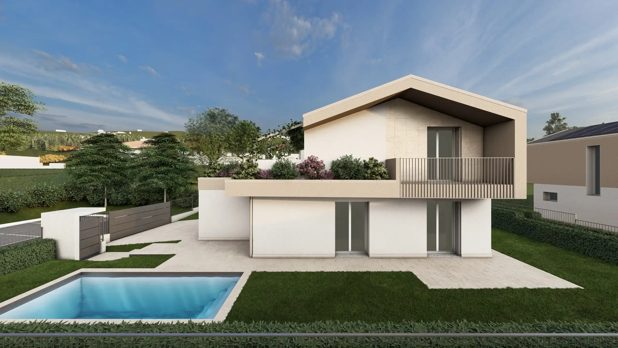 Render di una Villa unifamiliare ad Albavilla in provincia di Como, in vendita da Casalino Engineering. La villa è color panna e si sviluppa su due piani e ha giardino e piscina e siepe di protezione