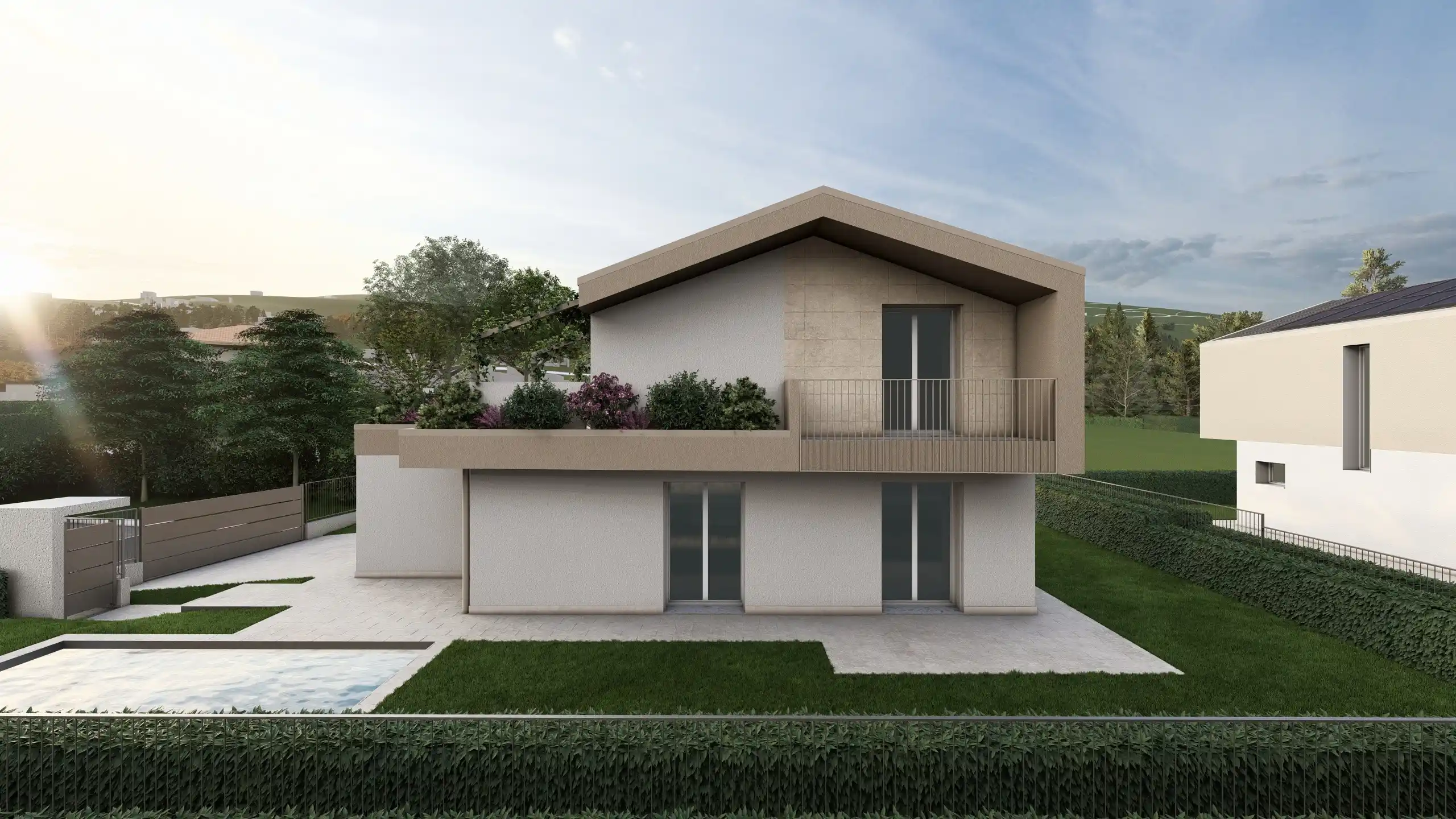 Render di una Villa unifamiliare ad Albavilla in provincia di Como, in vendita da Casalino Engineering. La villa è ripresa frontalmente, è color panna e si sviluppa su due piani e si vede il balconcino