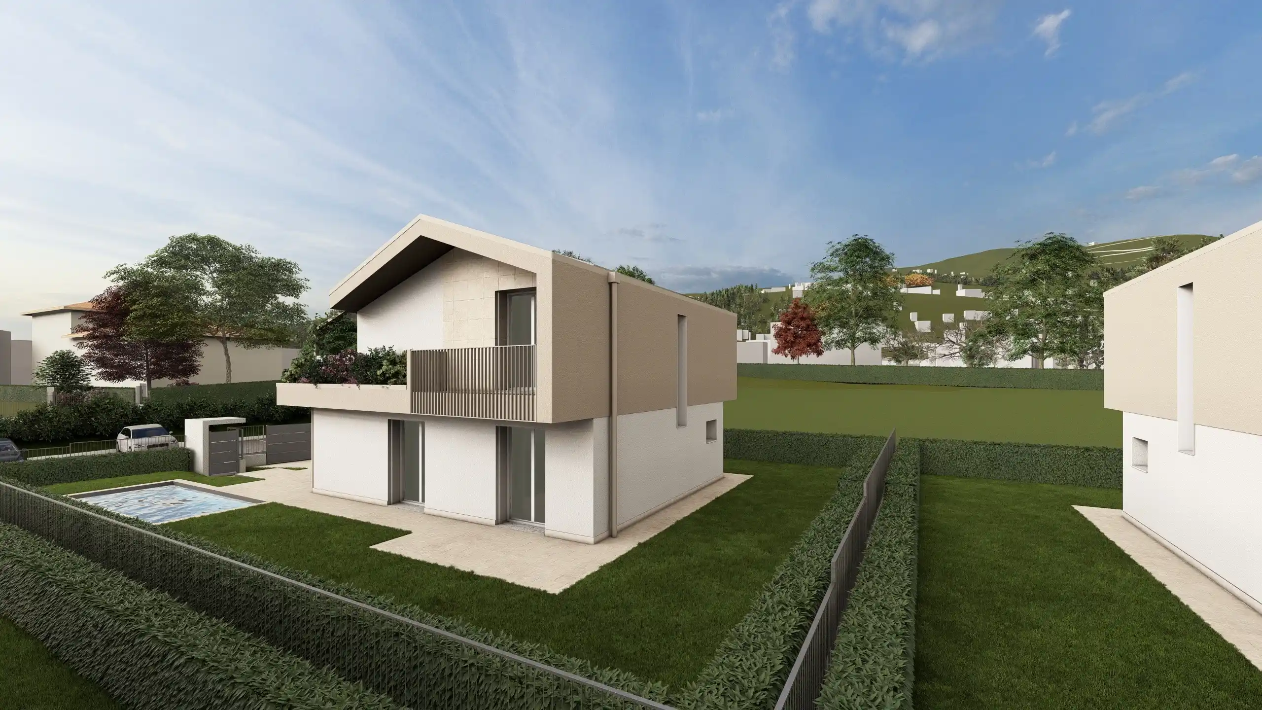 Render di una Villa unifamiliare ad Albavilla in provincia di Como, in vendita da Casalino Engineering. La villa è ripresa frontalmente, è color panna e si sviluppa su due piani e si vede il balconcino. Ripresa nella parte posteriore