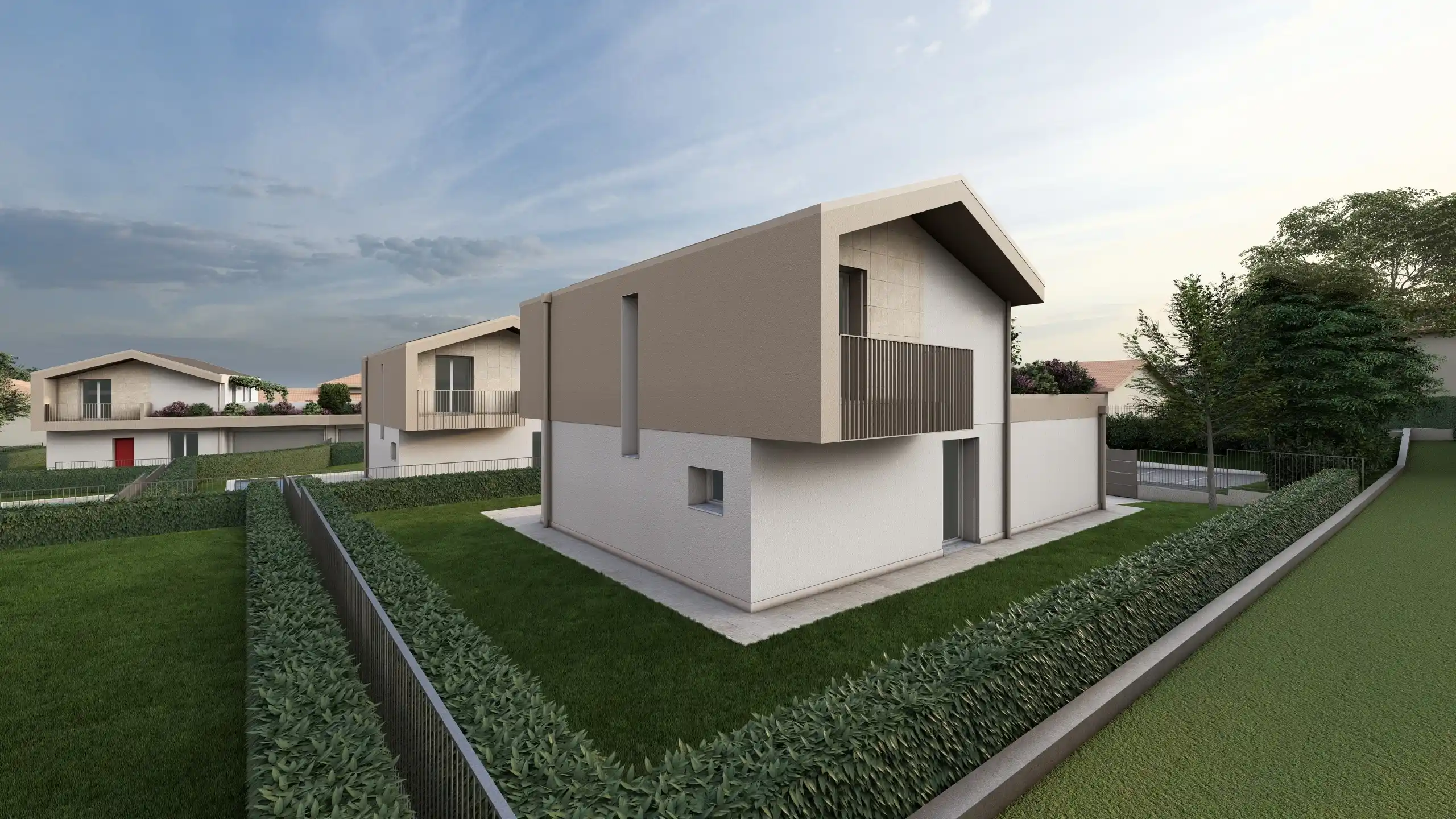 Render di una Villa unifamiliare ad Albavilla in provincia di Como, in vendita da Casalino Engineering. La villa è ripresa frontalmente, è color panna e si sviluppa su due piani e si vede il balconcino. Ripresa nella parte posteriore