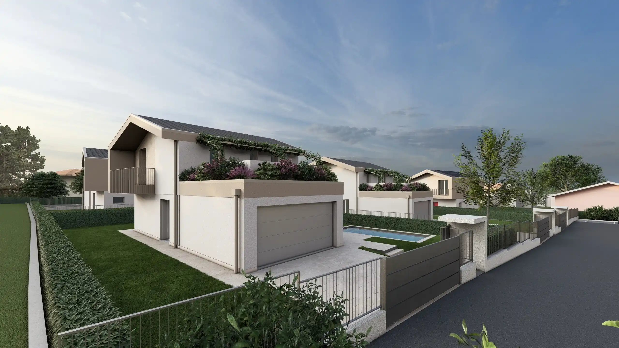 Render di una Villa unifamiliare ad Albavilla in provincia di Como, in vendita da Casalino Engineering. La villa è ripresa frontalmente, è color panna e si sviluppa su due piani e si vede il balconcino. Ripresa dalla parte del garage grigio