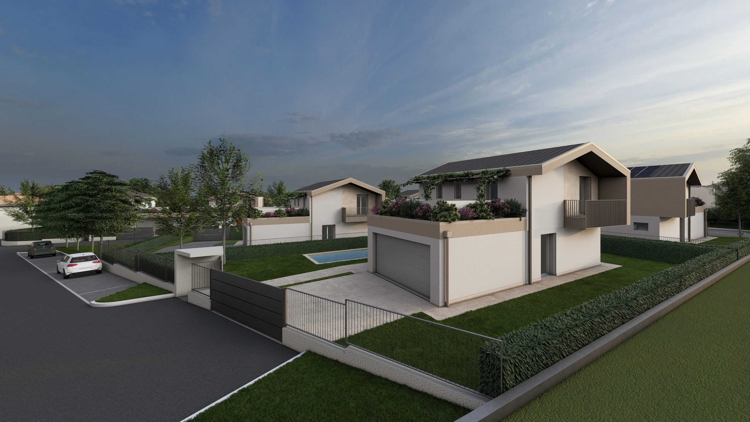 Render di una villa in via di costruzione ad Albavilla, in provincia di Como. Il render si focalizza sul garage e la parte posteriore della casa. La villa è in costruzione da Casalino Engineering