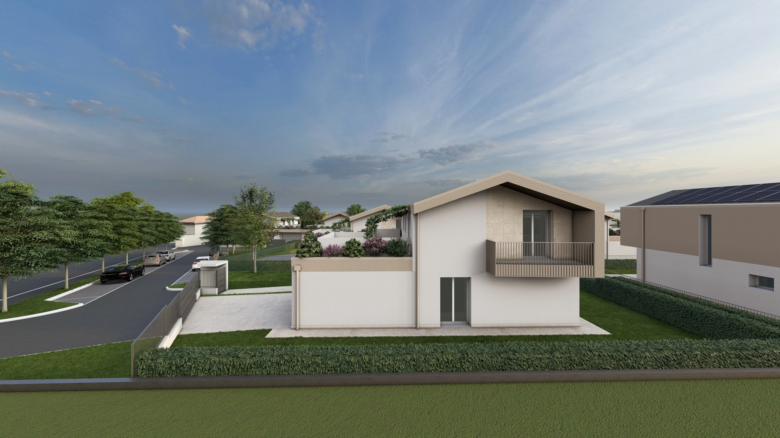 Render di una villa in via di costruzione ad Albavilla, in provincia di Como. Il render si focalizza sulla parte posteriore della casa. La villa è in costruzione da Casalino Engineering