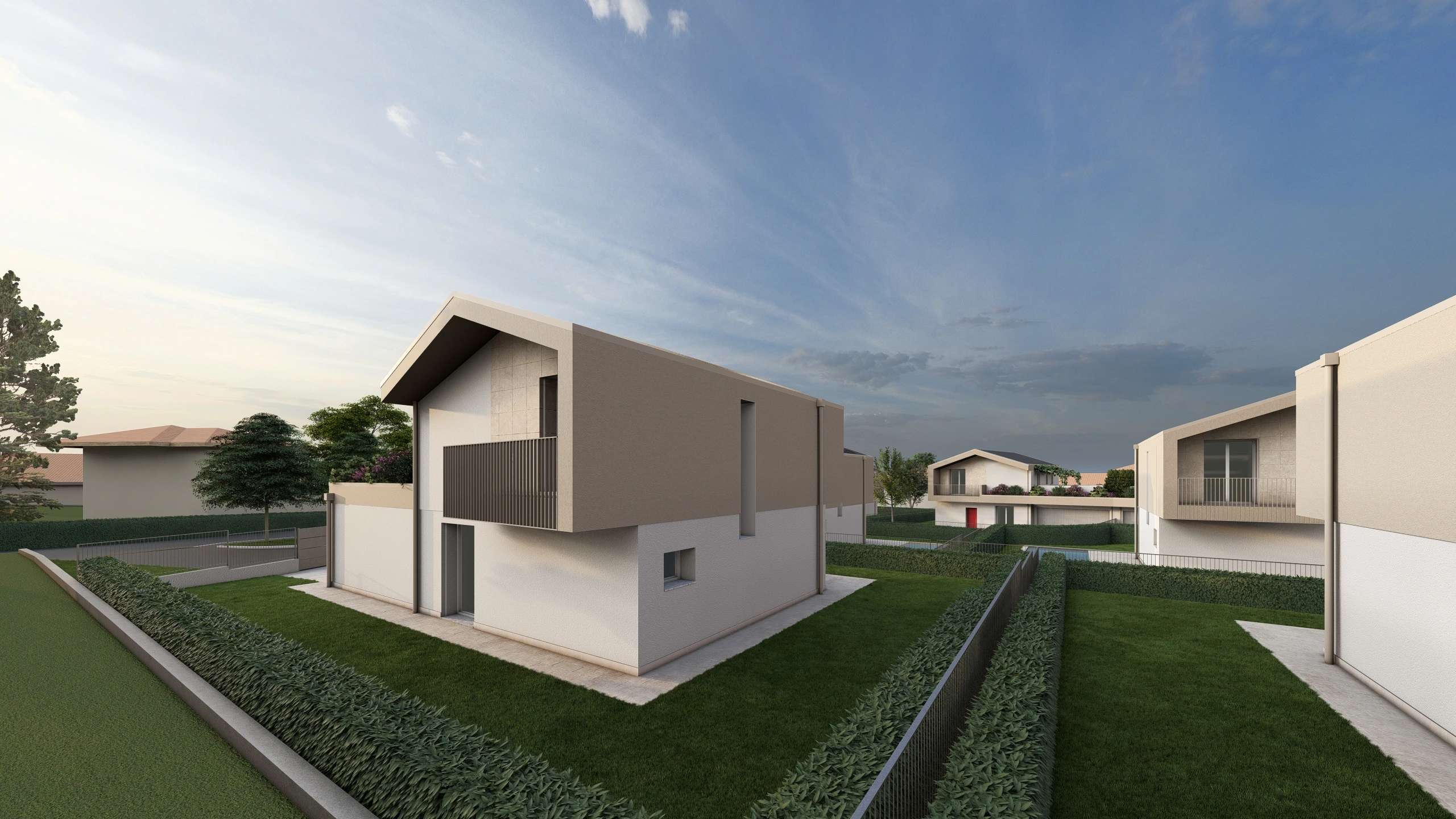 Render di una villa in via di costruzione ad Albavilla, in provincia di Como. Il render si focalizza sulla parte posteriore della casa. La villa è in costruzione da Casalino Engineering