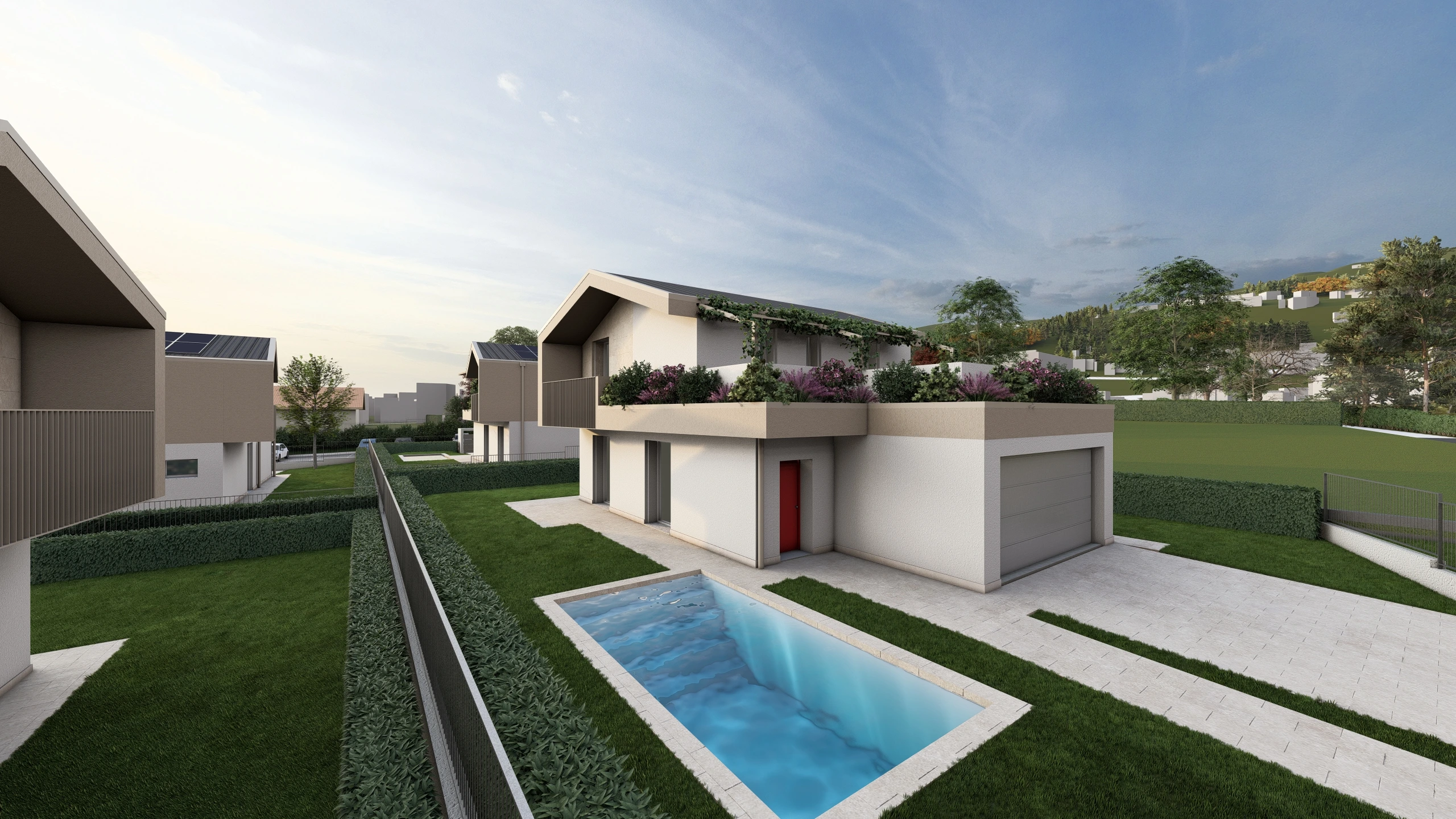 Render di una villa in via di costruzione ad Albavilla, in provincia di Como. Il render si focalizza sulla parte anteriore della casa, e si vedono giardino e piscina. La villa è in costruzione da Casalino Engineering