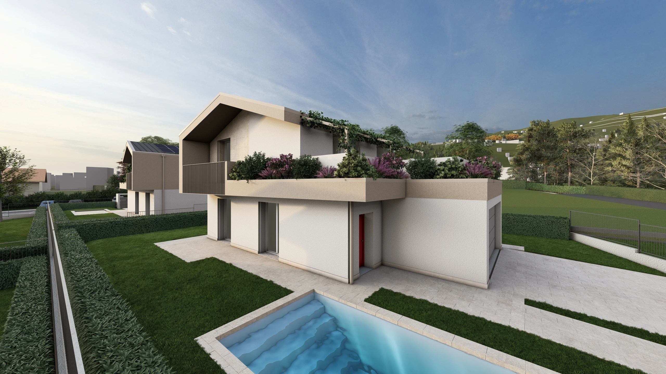 Render di una villa in via di costruzione ad Albavilla, in provincia di Como. Il render si focalizza sulla parte anteriore della casa, e si vedono giardino e piscina. La villa è in costruzione da Casalino Engineering