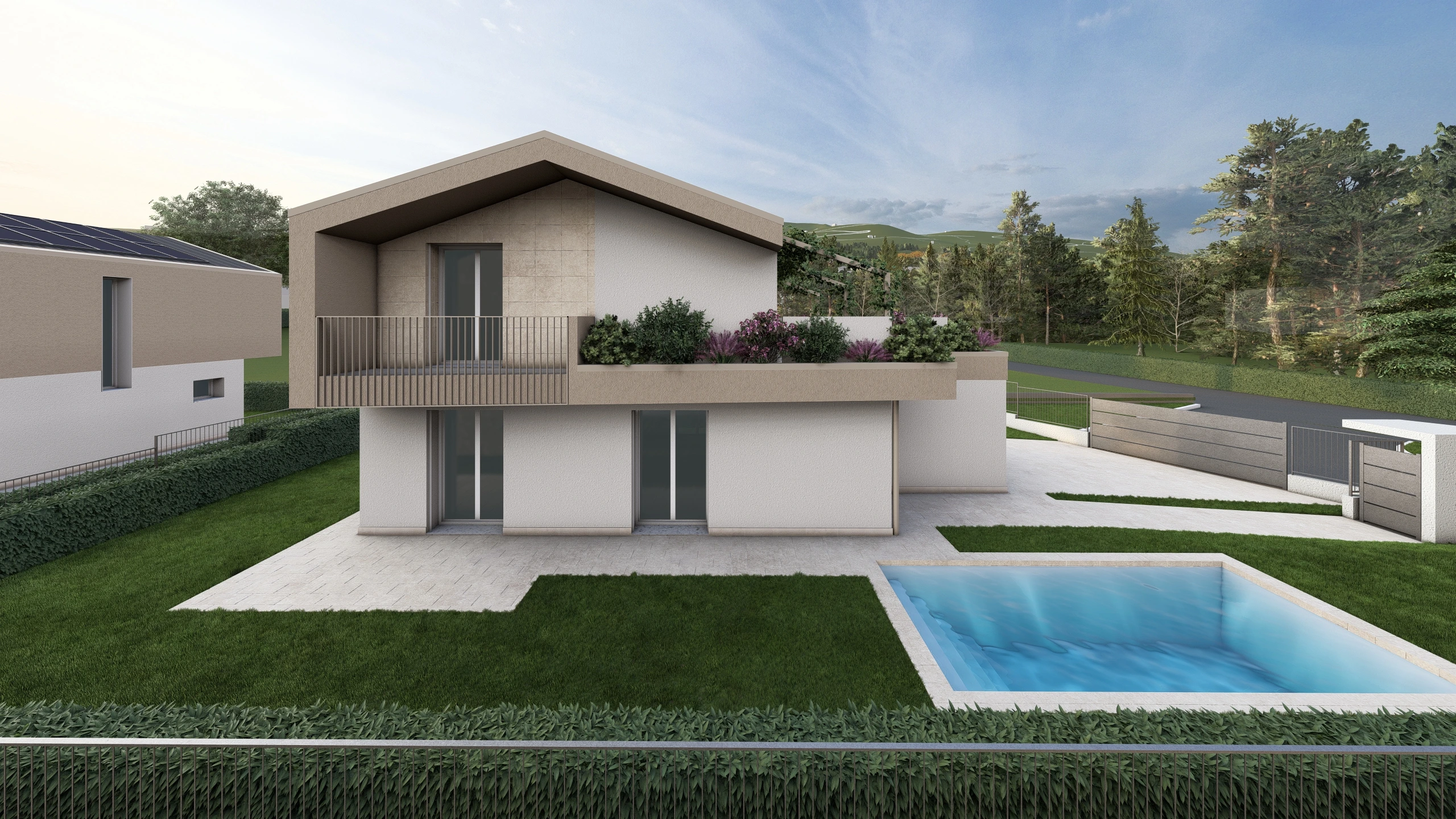 Render di una villa in via di costruzione ad Albavilla, in provincia di Como. Il render si focalizza sulla parte anteriore della casa, e si vedono giardino e piscina. La villa è in costruzione da Casalino Engineering