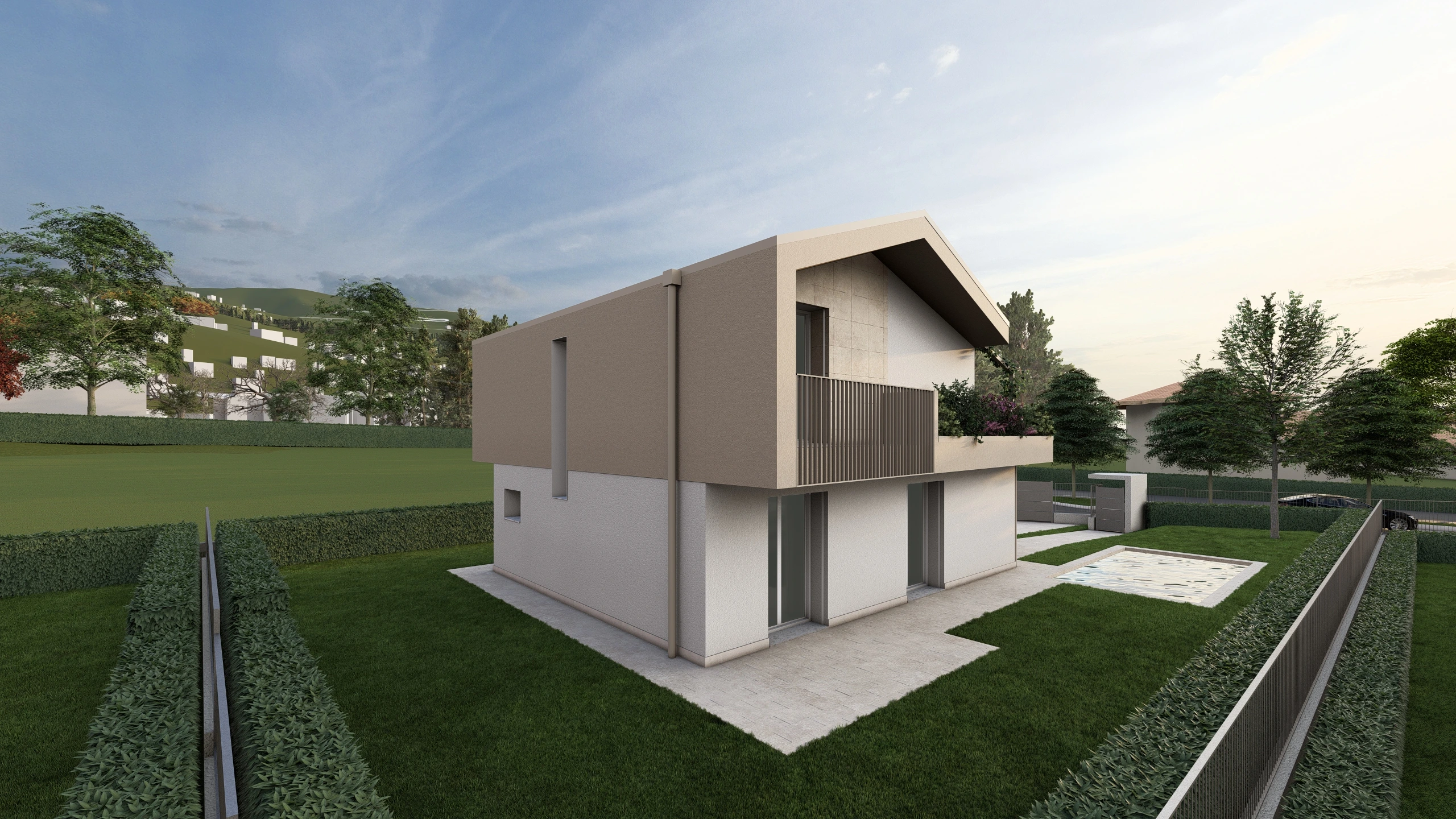 Render di una villa in via di costruzione ad Albavilla, in provincia di Como. Il render si focalizza sulla parte posteriore della casa, e si vede il balconcino. La villa è in costruzione da Casalino Engineering