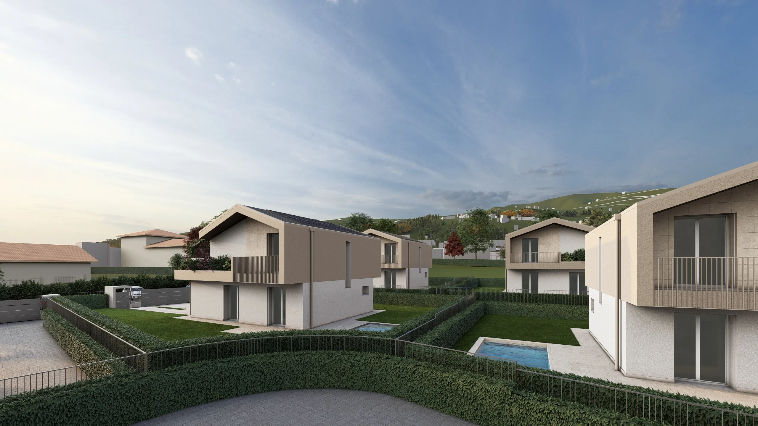 Render di una villa in via di costruzione ad Albavilla in provincia di Como. Il focus del render è sulla parte posteriore della villa. Si può notare la siepe, il giardino e la piscina. Quest'ultima sta venendo realizzata da Casalino Engineering