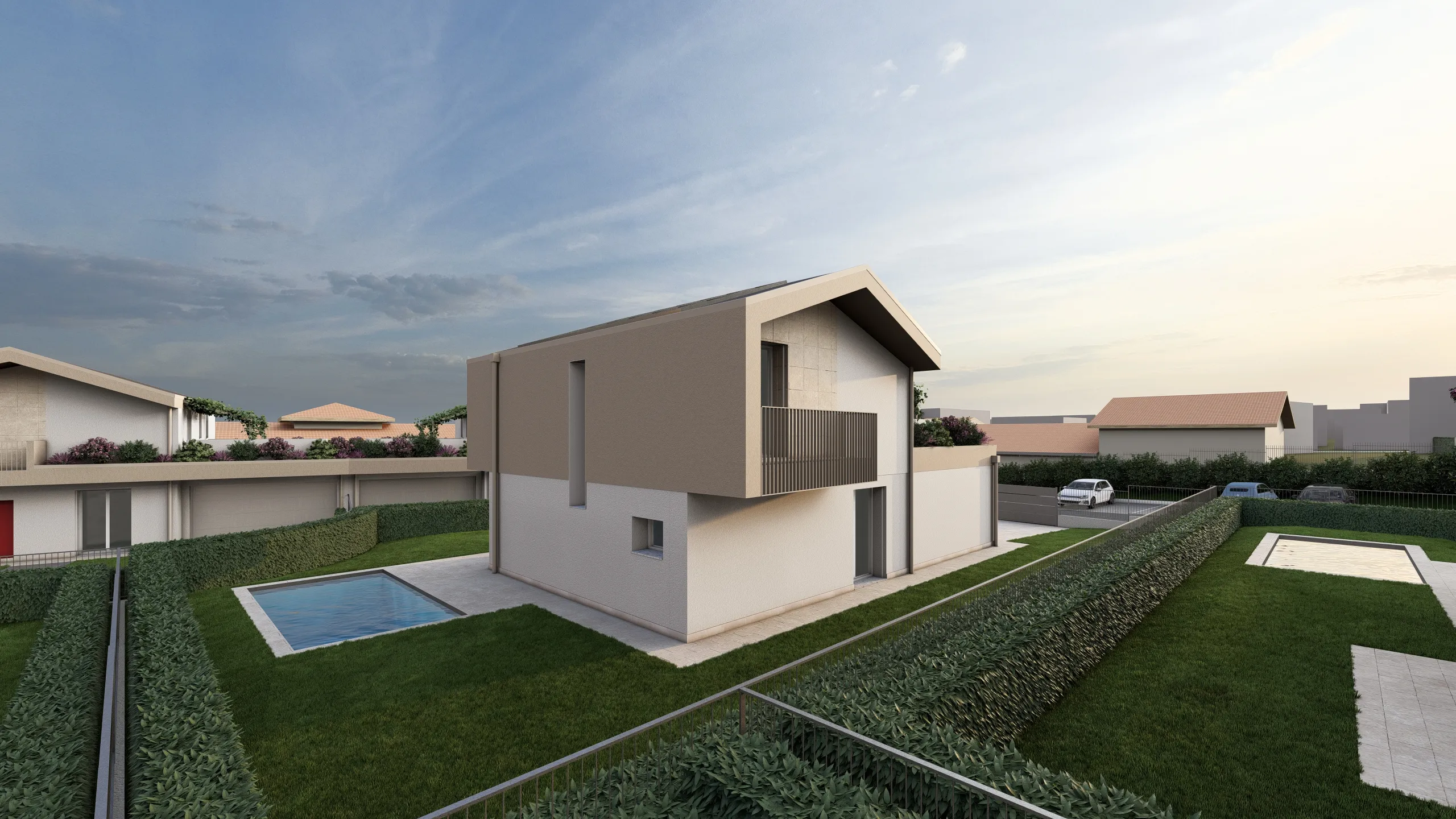 Render di una villa in via di costruzione ad Albavilla in provincia di Como. Il focus del render è sulla parte posteriore della villa. Quest'ultima sta venendo realizzata da Casalino Engineering