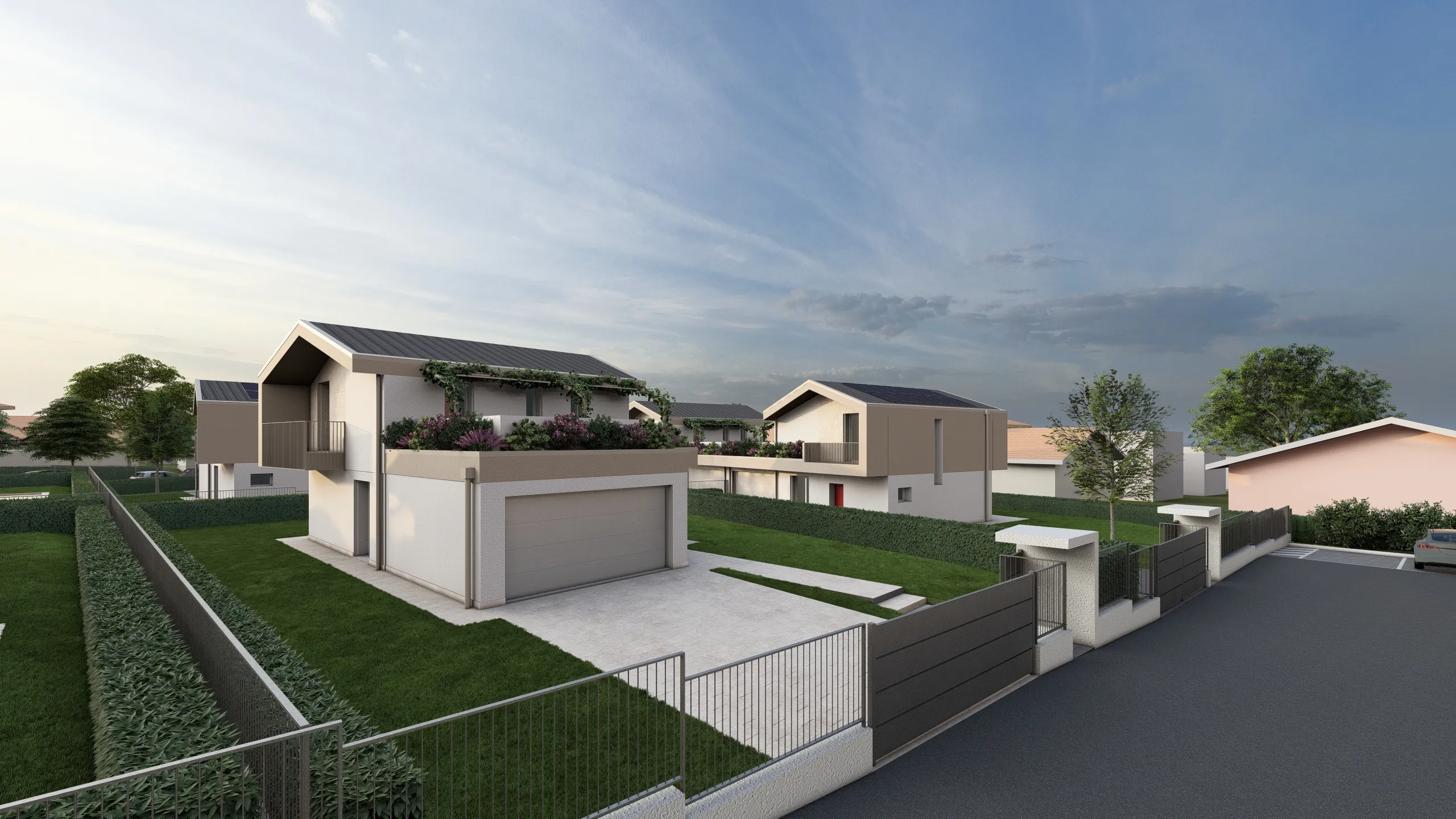 Render di una villa in via di costruzione ad Albavilla in provincia di Como. Il focus del render è sulla parte anteriore, garage e cancello, della villa. Quest'ultima sta venendo realizzata da Casalino Engineering