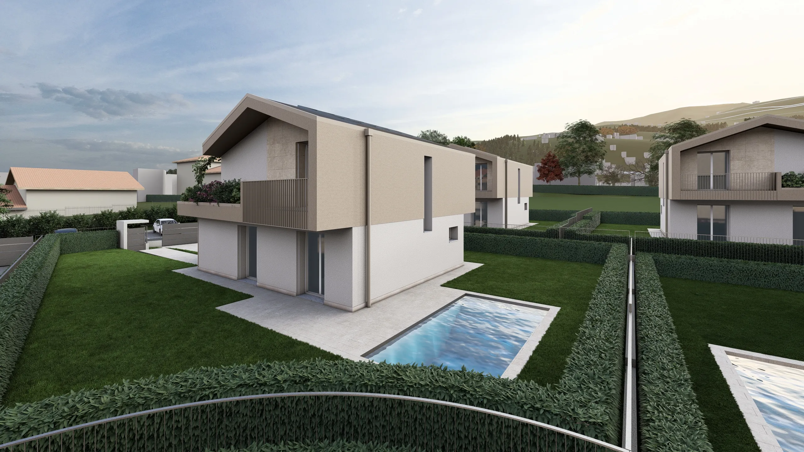 Render di una villa in via di costruzione ad Albavilla in provincia di Como. Il focus del render è sulla parte laterale della villa. Si può notare la siepe, il giardino e la piscina. Quest'ultima sta venendo realizzata da Casalino Engineering