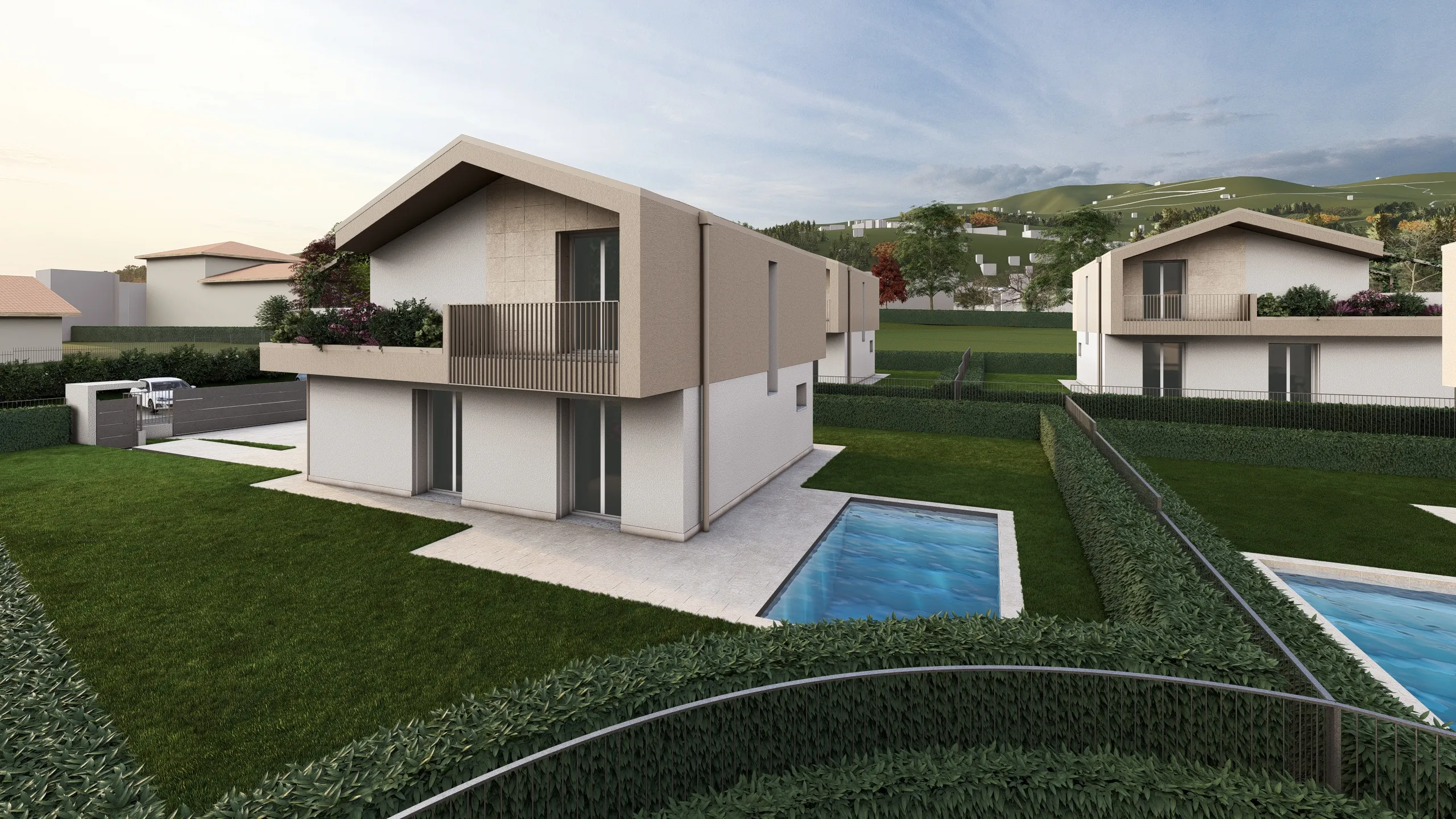 Render di una villa in via di costruzione ad Albavilla in provincia di Como. Il focus del render è sulla parte laterale della villa. Si può notare la siepe, il giardino e la piscina. Quest'ultima sta venendo realizzata da Casalino Engineering