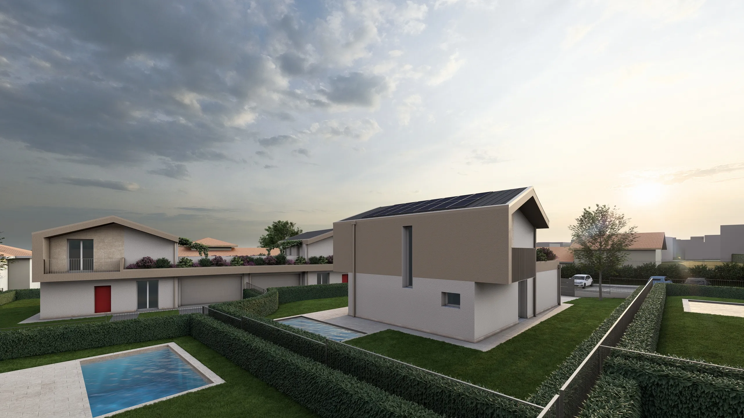 Render di una villa in via di costruzione ad Albavilla in provincia di Como. Il focus del render è sulla parte posteriore della villa. Si può notare la siepe, il giardino e la piscina. Quest'ultima sta venendo realizzata da Casalino Engineering