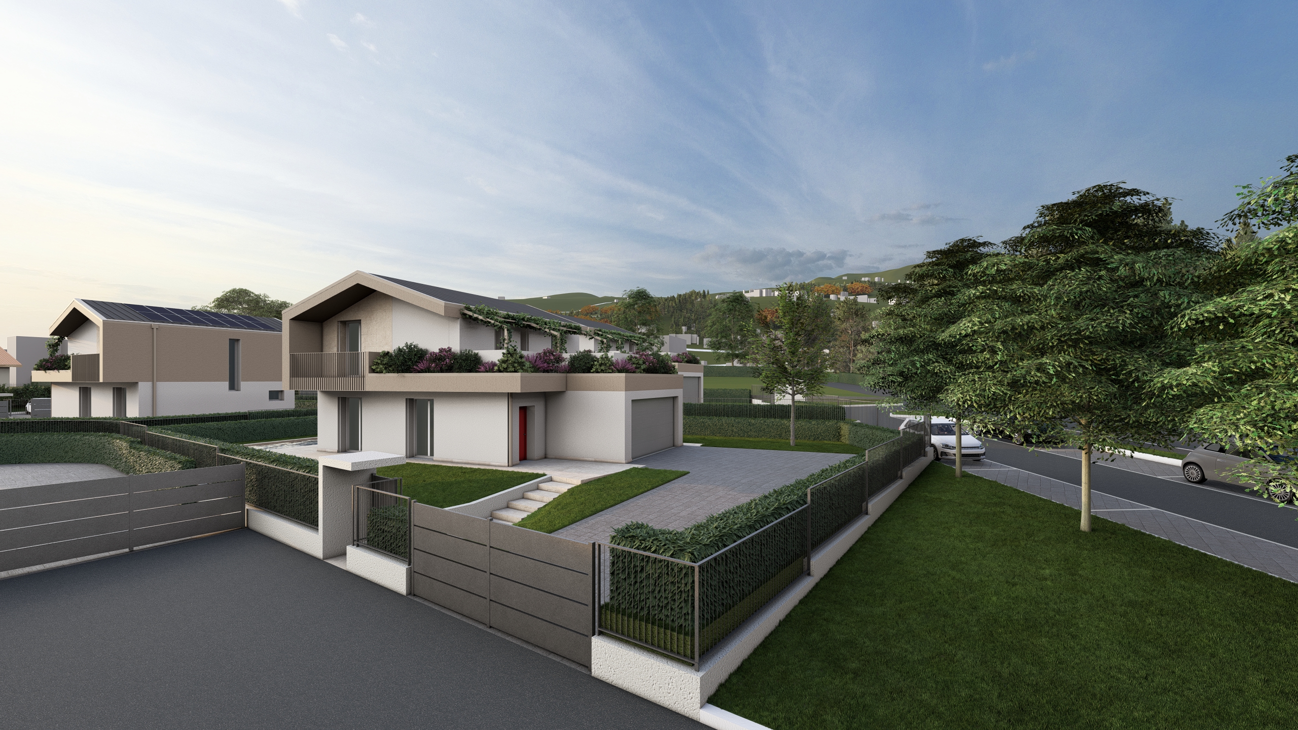 Render della Villa D, in costruzione ad Albavilla. Il render si focalizza sulla parte anteriore della casa, con focus sul cancello di ingresso e garage. La villa sta venendo costruita da Casalino Engineering