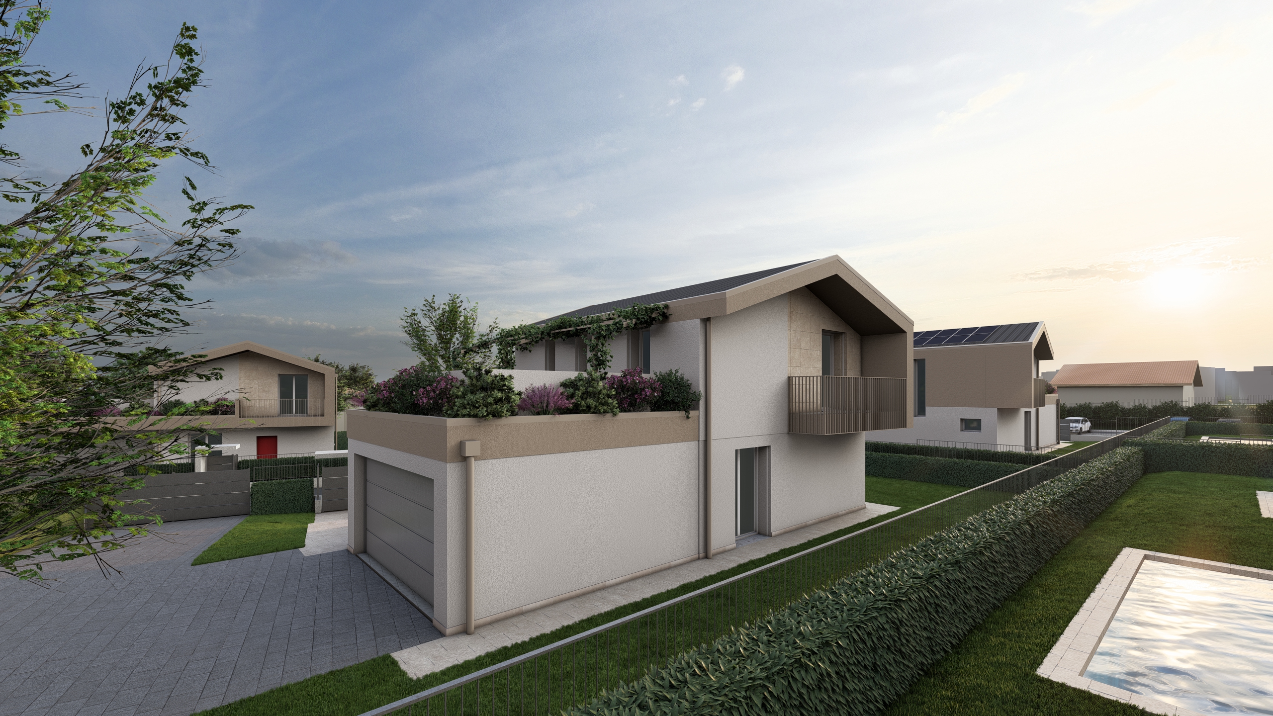 Render della Villa D, in costruzione ad Albavilla. Il render si focalizza sulla parte laterale della casa, con focus sul garage. La villa sta venendo costruita da Casalino Engineering