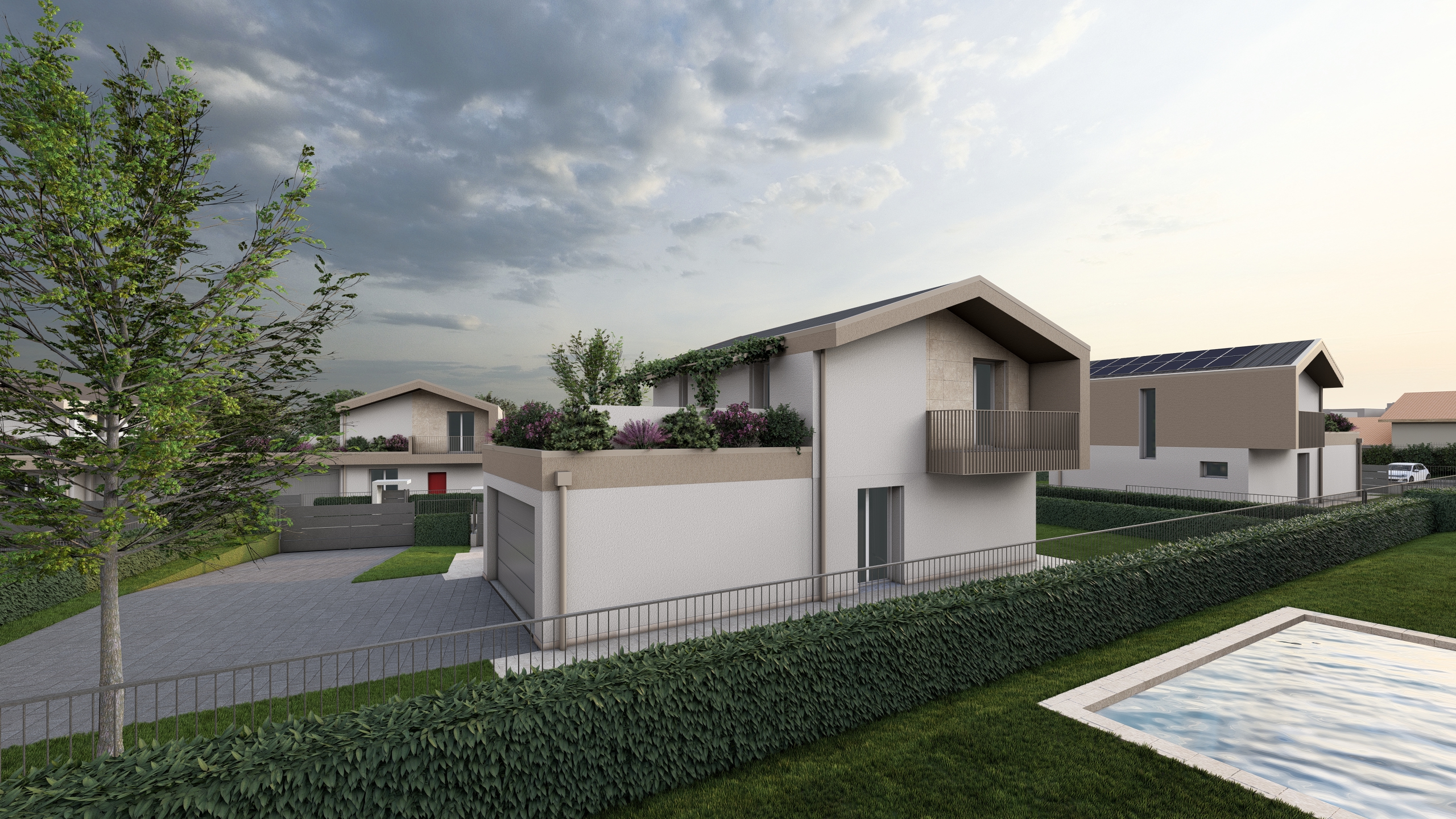 Render della Villa D, in costruzione ad Albavilla. Il render si focalizza sulla parte laterale della casa, con focus sul garage. La villa sta venendo costruita da Casalino Engineering