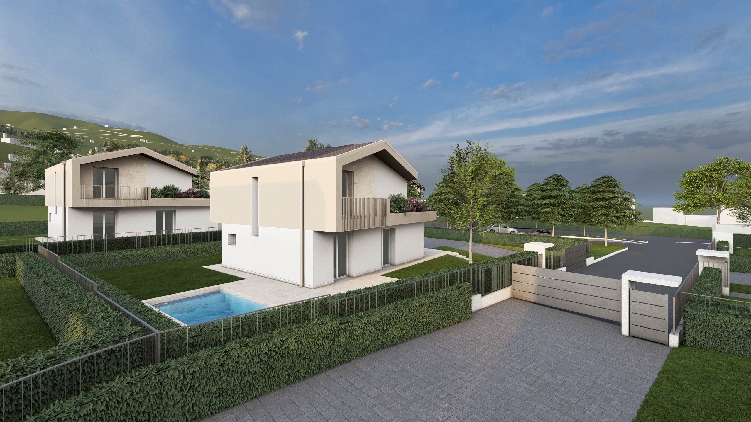 Render della Villa D, in costruzione ad Albavilla. Il render si focalizza sulla parte posteriore della casa, oltre al balconcino si può vedere il giardino e la piscina. La villa sta venendo costruita da Casalino Engineering