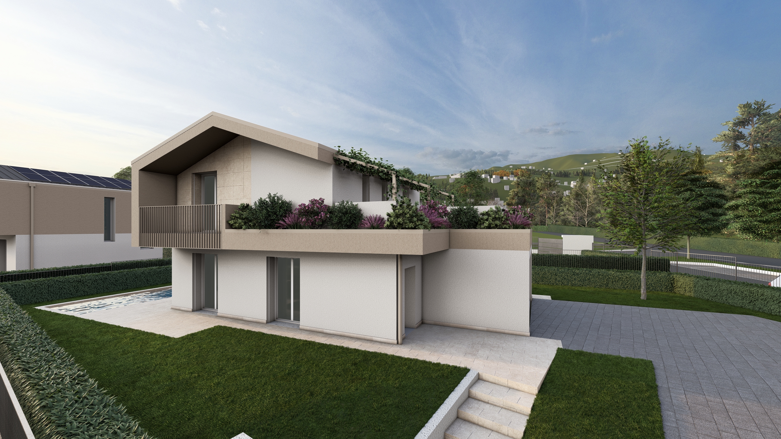 Render della Villa D, in costruzione ad Albavilla. Il render si focalizza sulla parte laterale della casa, con focus sul balconcino. La villa sta venendo costruita da Casalino Engineering