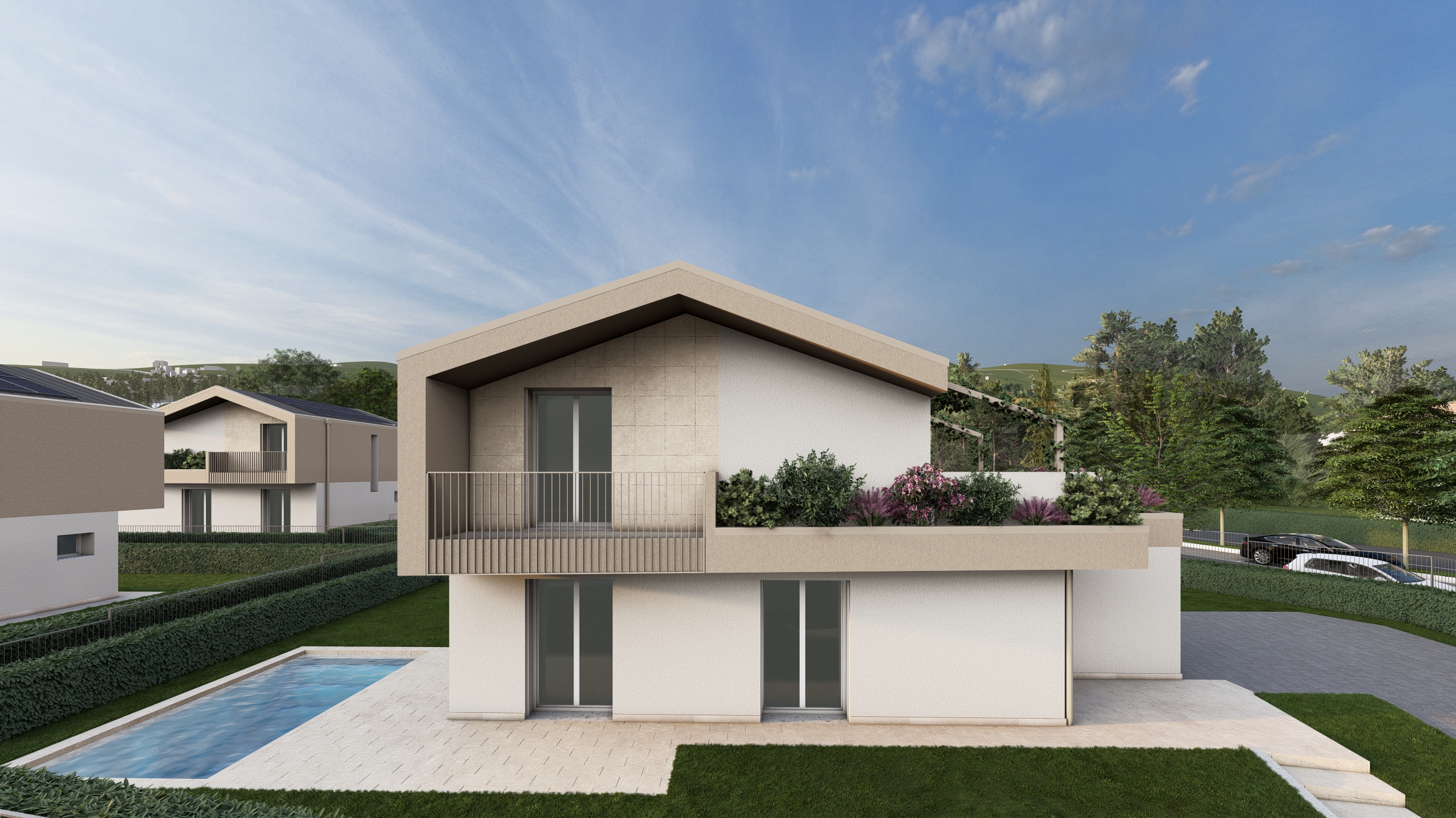 Render della Villa D, in costruzione ad Albavilla. Il render si focalizza sulla parte laterale della casa, con focus sul balconcino. La villa sta venendo costruita da Casalino Engineering