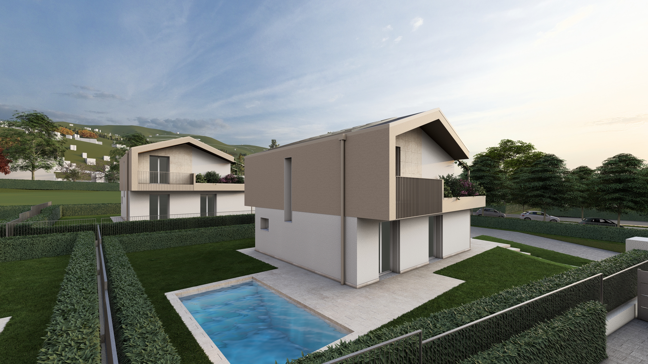 Render della Villa D, in costruzione ad Albavilla. Il render si focalizza sulla parte posteriore della casa, oltre al balconcino si può vedere il giardino e la piscina. La villa sta venendo costruita da Casalino Engineering