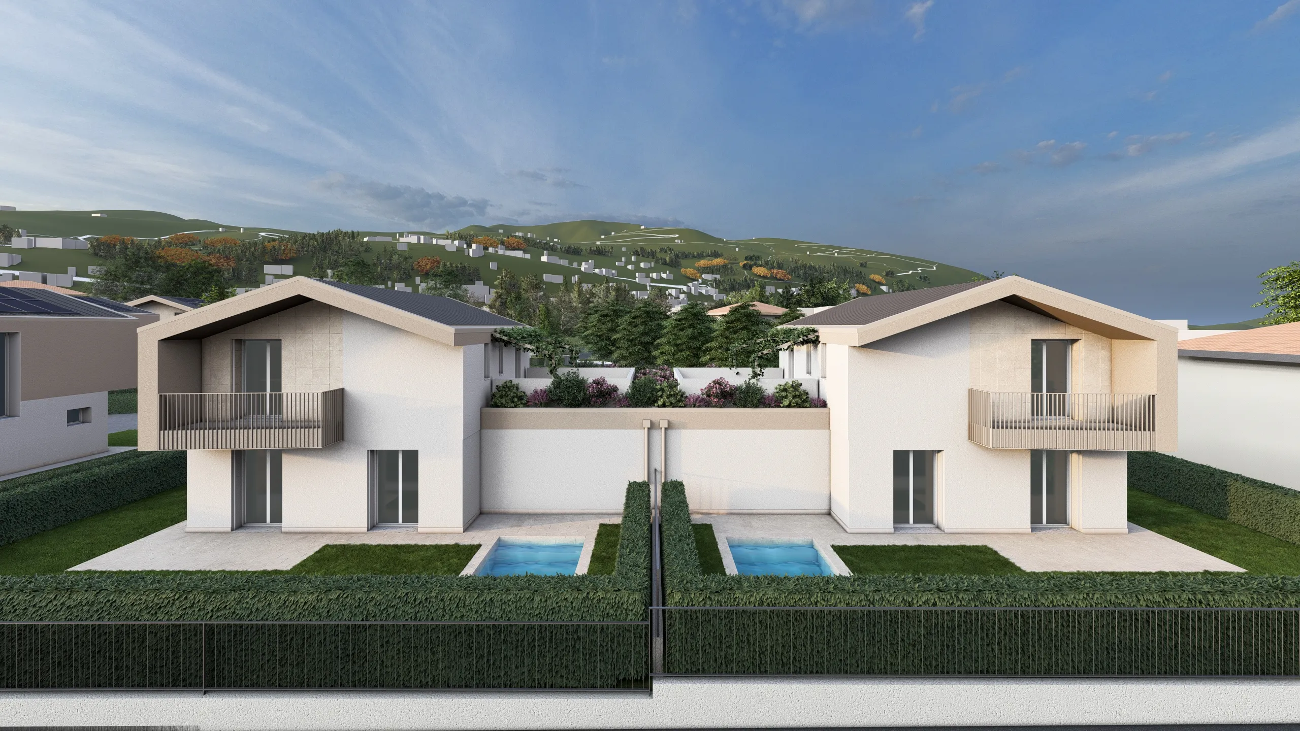 Render della Villa E e F, due ville confinanti, entrambe con piscina e giardino. Entrambe le ville sono progettate e stanno venendo realizzate dalla Casalino Costruzioni, ad Albavilla in provincia di Como