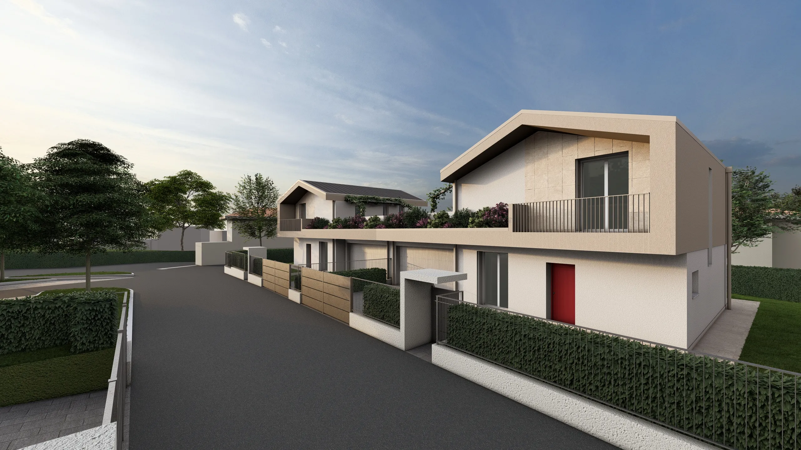 Render della Villa E e F, due ville confinanti, entrambe con piscina e giardino. Il render in questione ha l'inquadratura che parte dalla strada. Entrambe le ville sono progettate e stanno venendo realizzate dalla Casalino Costruzioni, ad Albavilla in provincia di Como