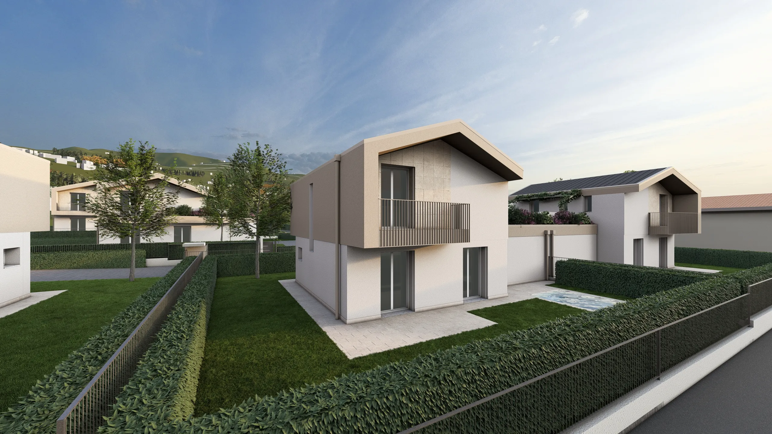 Render della Villa E, il render ha una prospettiva laterale con inquadratura sul balconcino e giardino della villa. La villa sta vendendo progettata e realizzata da Casalino Costruzoni, ad Albavilla in provincia di Como