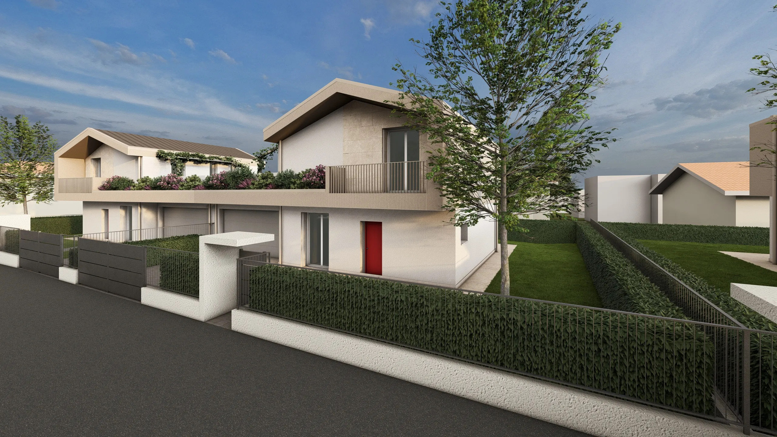 Render della villa E, con inquadratura che riprende la villa dalla parte posteriore e si vede la siepe, giardino ed un albero interno alla recinzione della villa. La villa sta venendo progettata e realizzata dalla Casalino Costruzioni