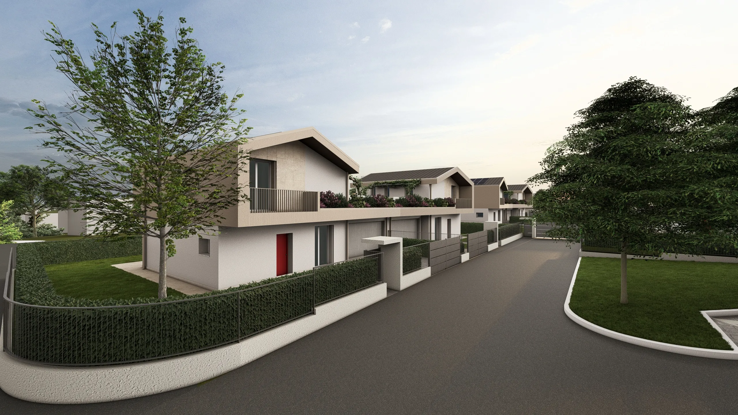 Render della villa F ripresa lateralmente dalla prospettiva della strada. Quindi si può notare la siepe, e sopra il balcone della villa. La villa sta venendo progettata e realizzata dalla Casalino Costruzioni