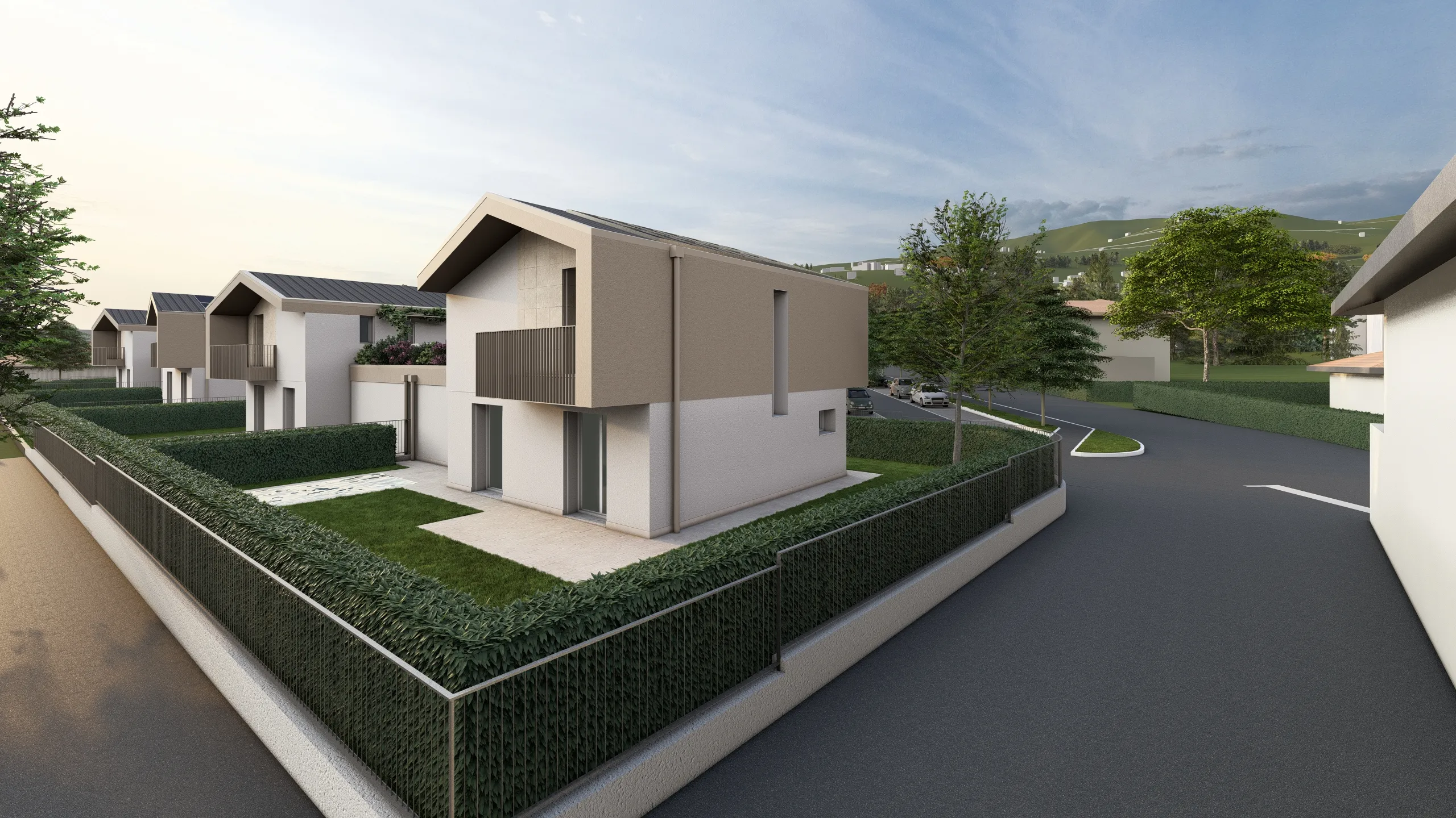 Render della villa F ripresa lateralmente e si può vedere la parte posteriore della villa. La villa sta venendo progettata e realizzata dalla Casalino Costruzioni