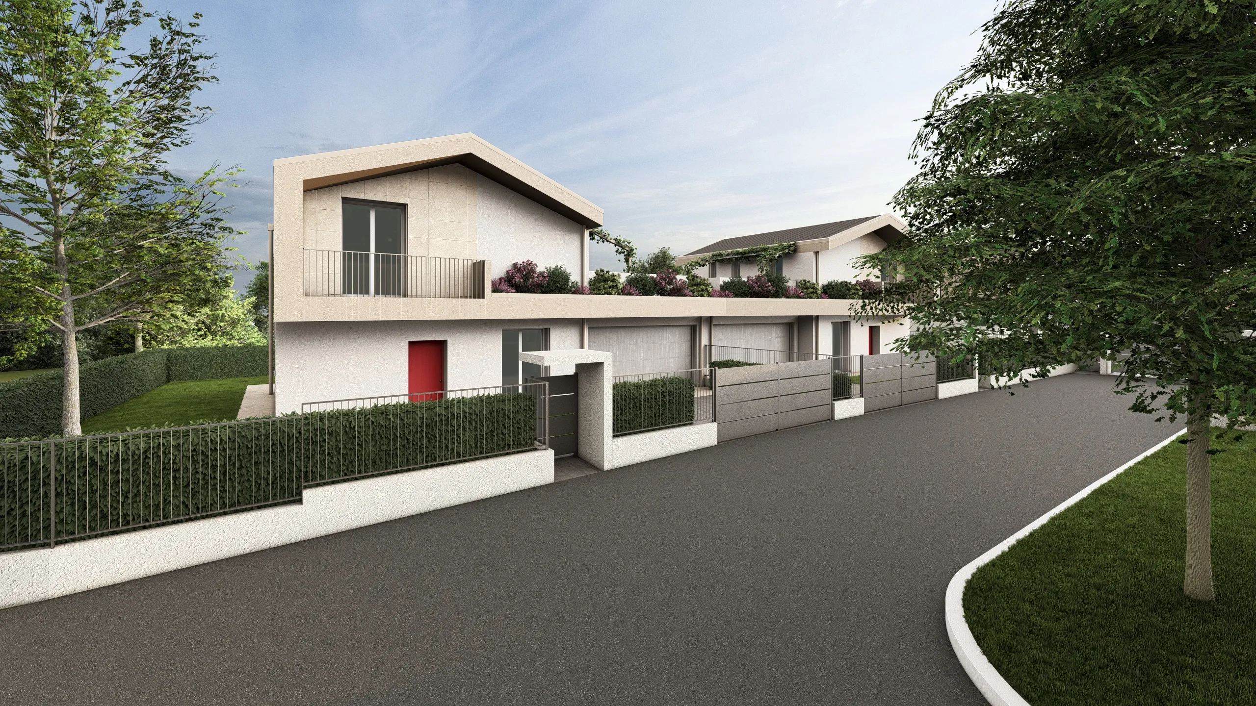 Render della villa F ripresa frontalmente. Quindi si può vedere la siepe, poi sopra il balcone della villa e i cancelli di ingresso. La villa sta venendo progettata e realizzata dalla Casalino Costruzioni