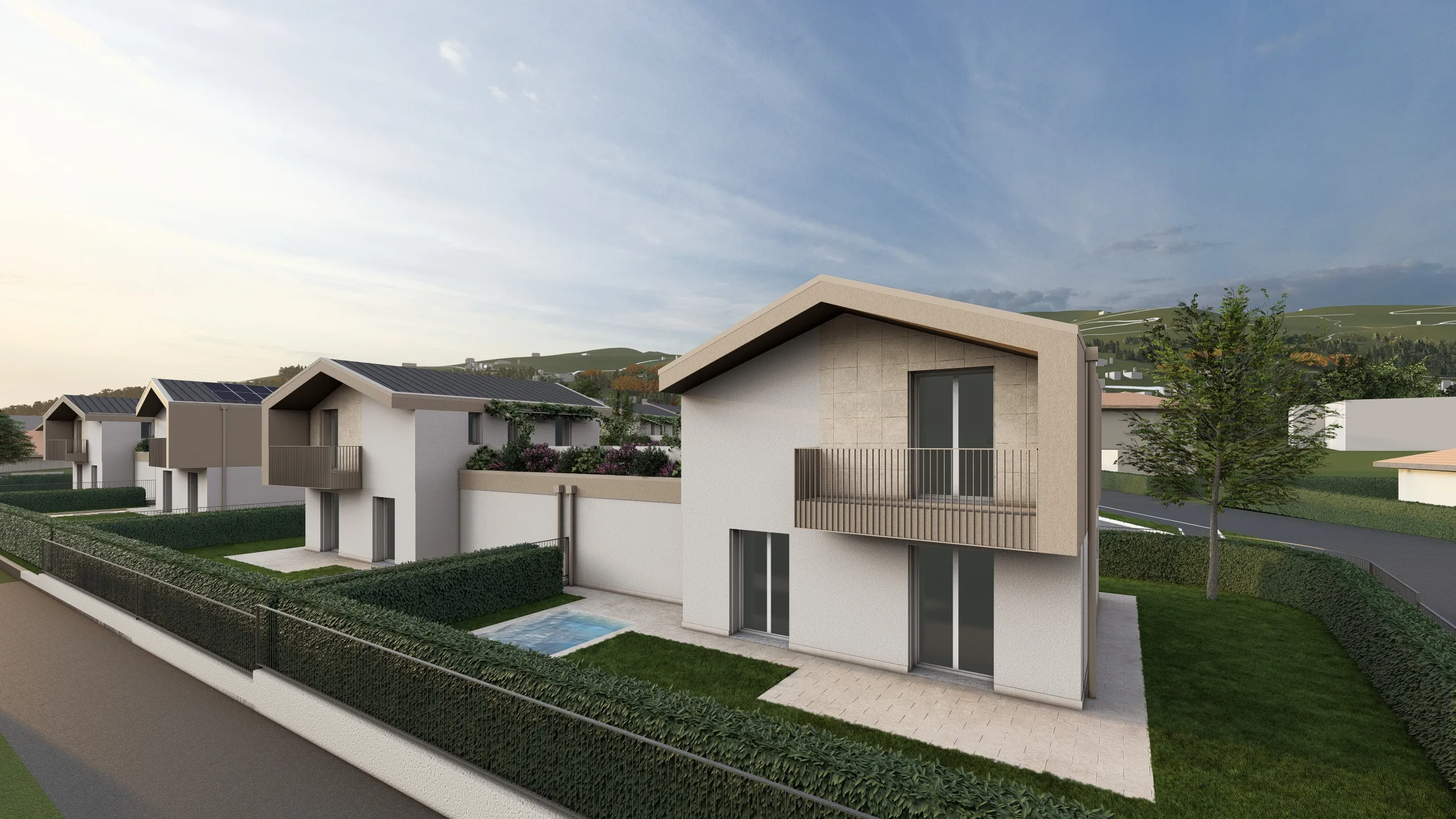 Render della villa F ripresa posteriormente ed oltre alla casa, si può vedere il giardino con piscina. Quindi si può notare la siepe, e sopra il balcone della villa. La villa sta venendo progettata e realizzata dalla Casalino Costruzioni