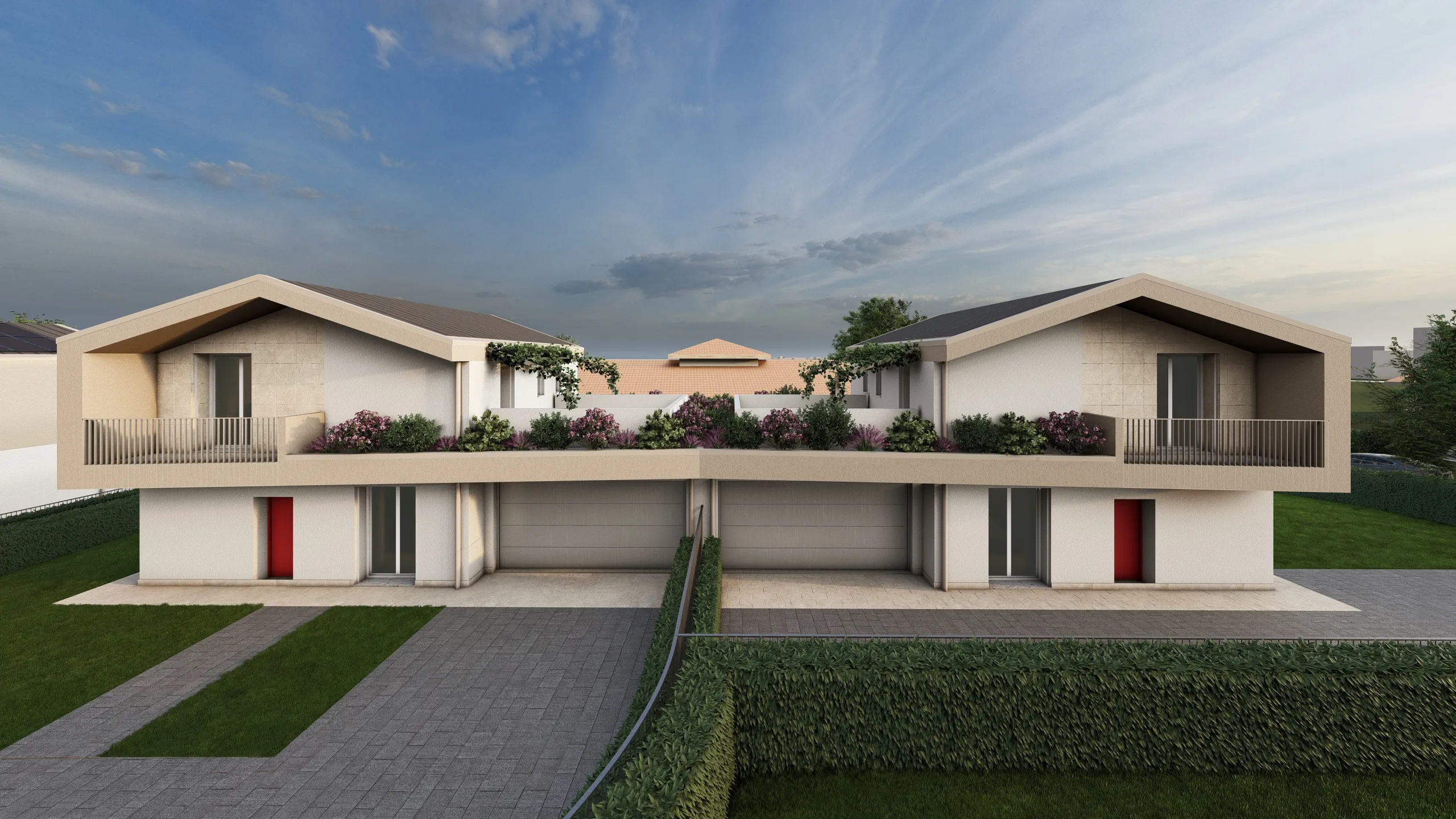 Render della villa G e H. Il render riprende entrambe le ville confinanti, da un prospettiva frontale. Si può vedere quindi una la siepe che divide i due giardini, i due garage, e i balconi delle case. Le ville si trovano ad Albavilla, in provincia di Como, e stanno venendo progettate e realizzate dalla Casalino Costruzioni