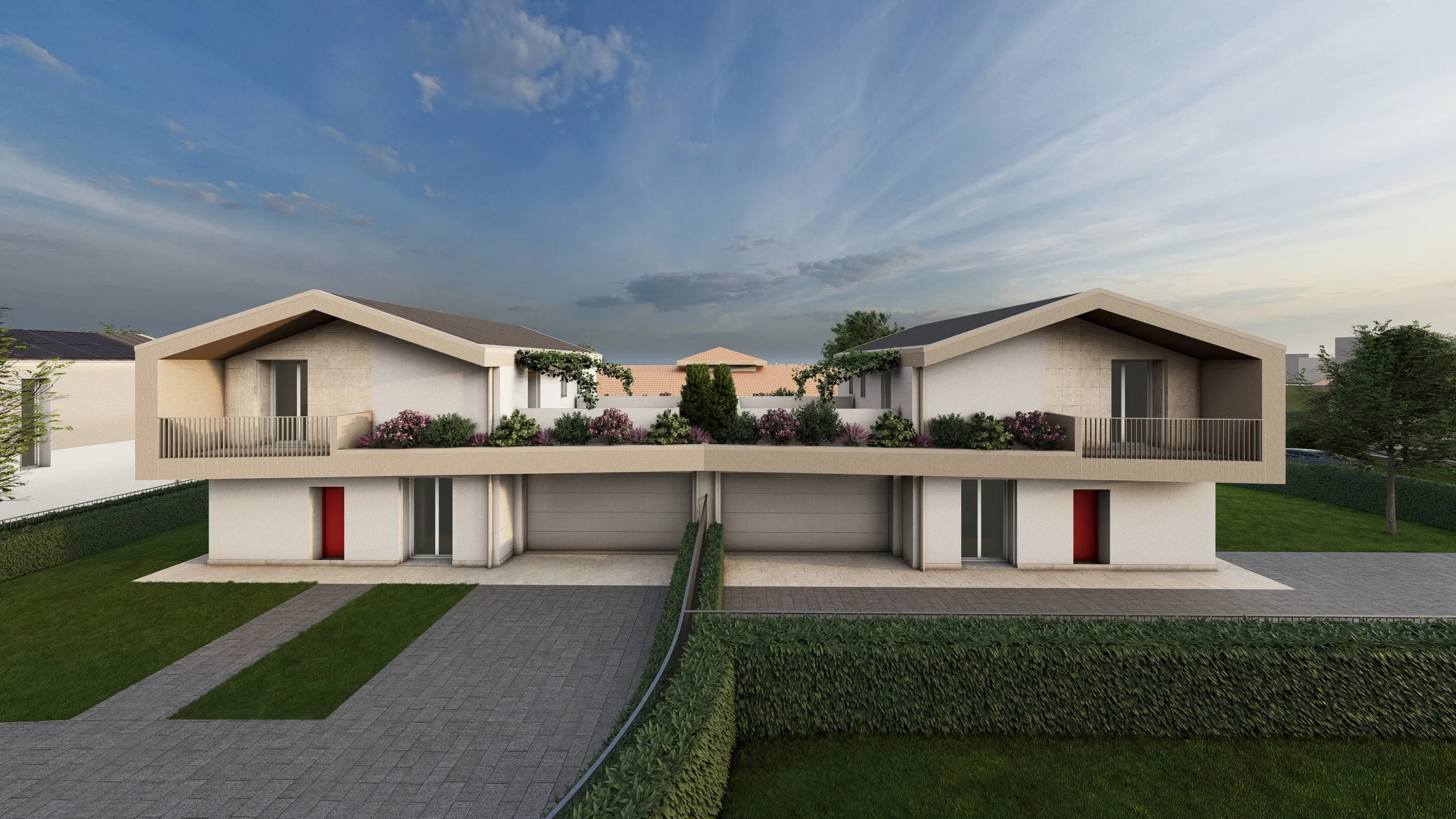 Render della villa G e H. Il render riprende entrambe le ville confinanti, da un prospettiva frontale. Si può vedere quindi una la siepe che divide i due giardini, i due garage, e i balconi delle case. Le ville si trovano ad Albavilla, in provincia di Como, e stanno venendo progettate e realizzate dalla Casalino Costruzioni