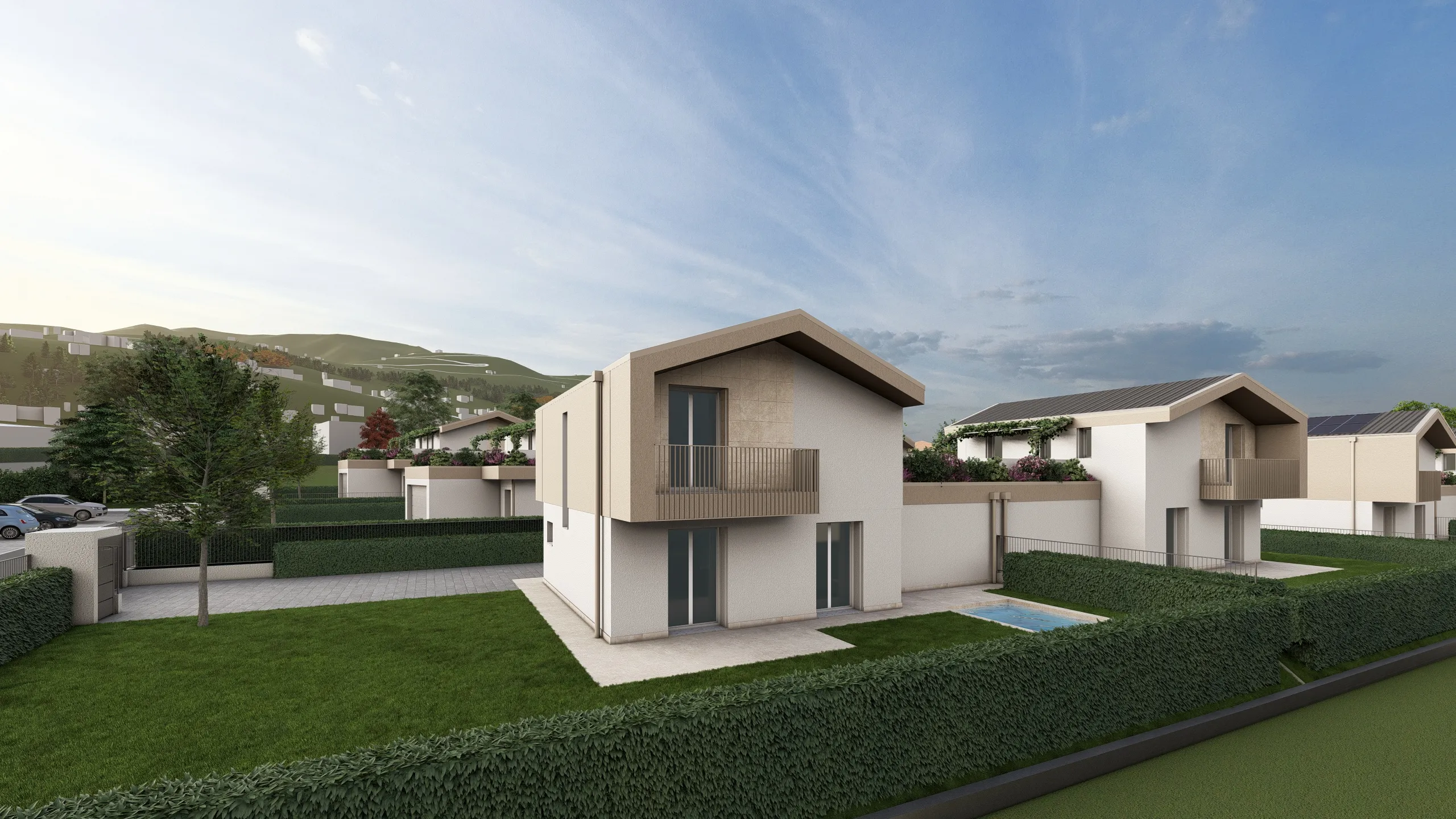 Rendere della Villa G ripresa posteriore, si può vedere quindi la parte posteriore della villa, con balconcino, giardino e piscina. La villa sta venendo progettata e realizzata dalla Casalino Costruzioni ad Albavilla, in provincia di Como