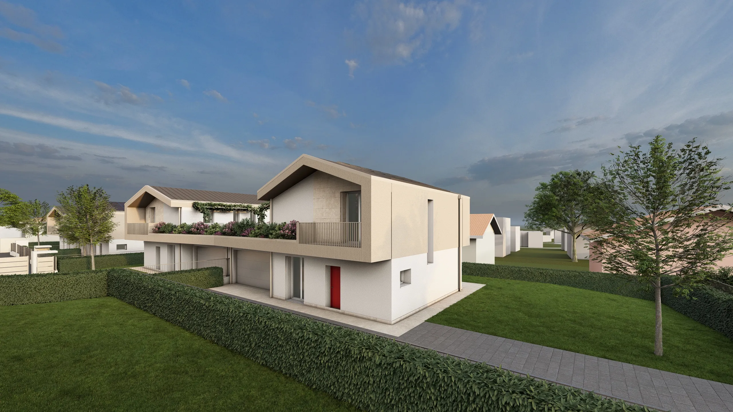 Rendere della Villa G ripresa posteriore, si può vedere quindi la parte posteriore della villa, con balconcino. La villa sta venendo progettata e realizzata dalla Casalino Costruzioni ad Albavilla, in provincia di Como