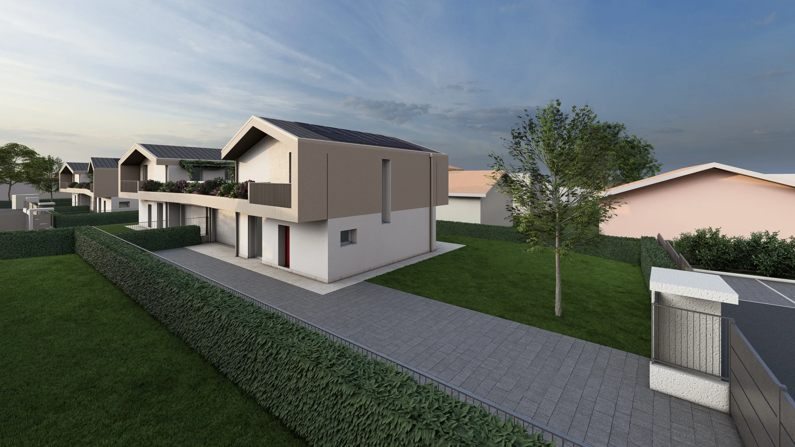 Rendere della Villa G ripresa posteriore, si può vedere quindi la parte posteriore della villa, con giardino. La villa sta venendo progettata e realizzata dalla Casalino Costruzioni ad Albavilla, in provincia di Como