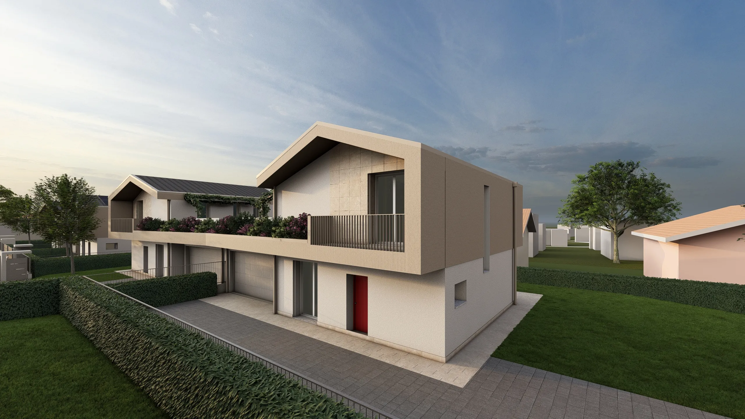 Render della parte laterale ed anteriore della villa. Si può vedere la villa divisa su due piani, con al piano di sopra il balconcino e il piano di sotto il garage. La villa sta venendo progettata e realizzata dalla Casalino Costruzioni, ad Albavilla in provincia di Como