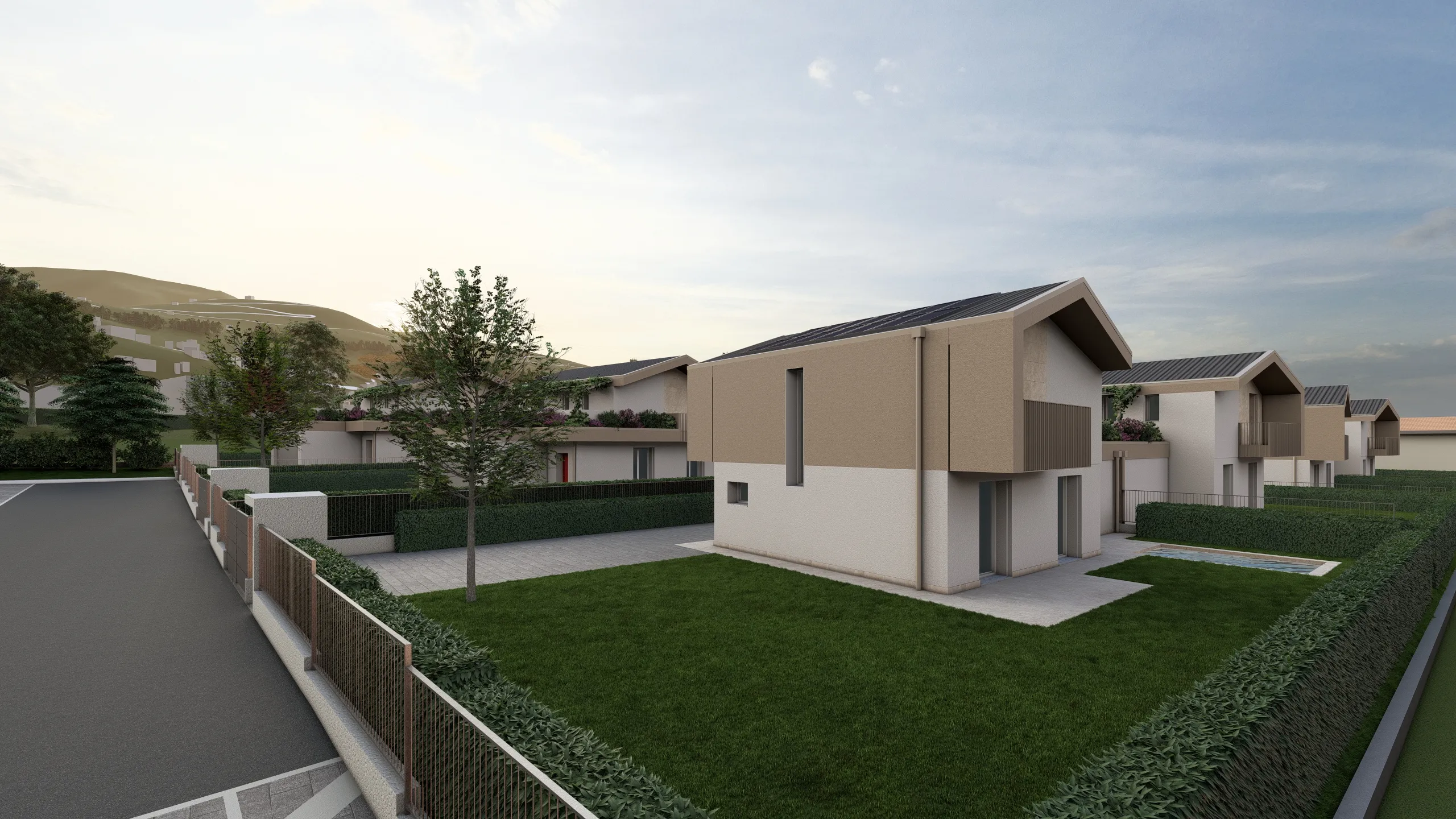 Rendere della Villa G ripresa posteriore, si può vedere quindi la parte posteriore della villa, con giardino. La villa sta venendo progettata e realizzata dalla Casalino Costruzioni ad Albavilla, in provincia di Como