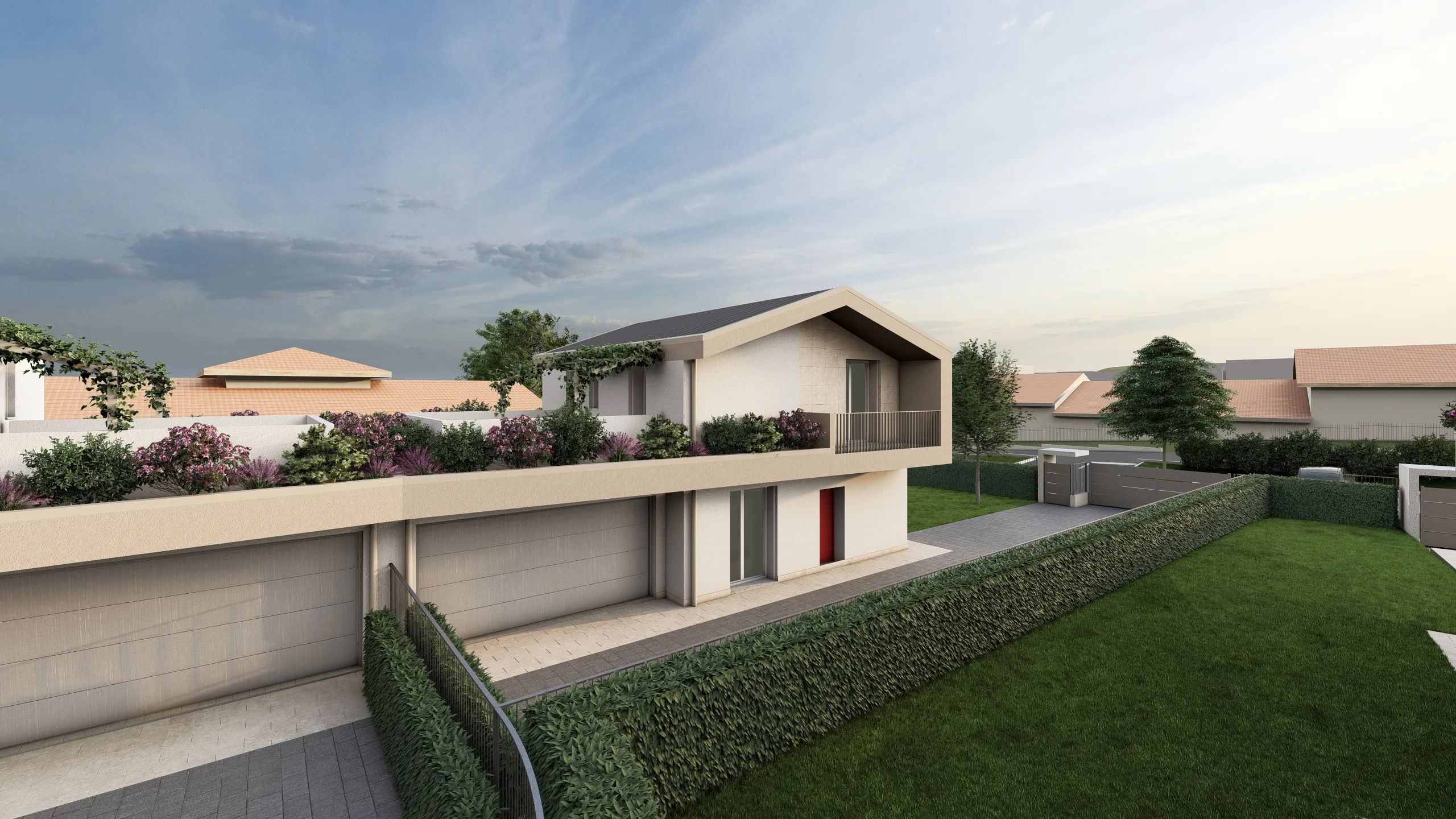 Rendere della Villa G ripresa posteriore, si può vedere quindi la parte posteriore della villa, con giardino. La villa sta venendo progettata e realizzata dalla Casalino Costruzioni ad Albavilla, in provincia di Como