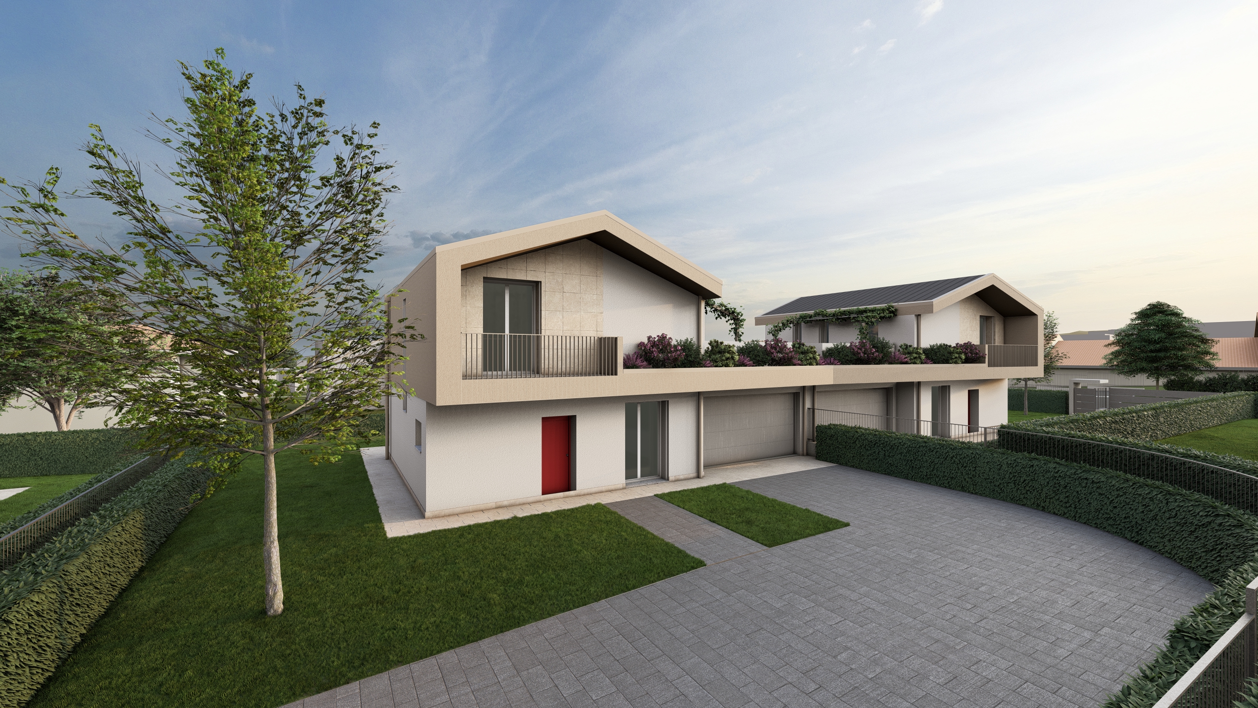 Render della Villa H in progettazione ad Albavilla, in provincia di Como. Il render ha una prospettiva anteriore quindi si può vedere la facciata della villa, che si sviluppa su due piani. Il piano di sopra composto dal balconcino e la parte sotto con garage. La villa è in progettazione e costruzione dalla Casalino Costruzioni