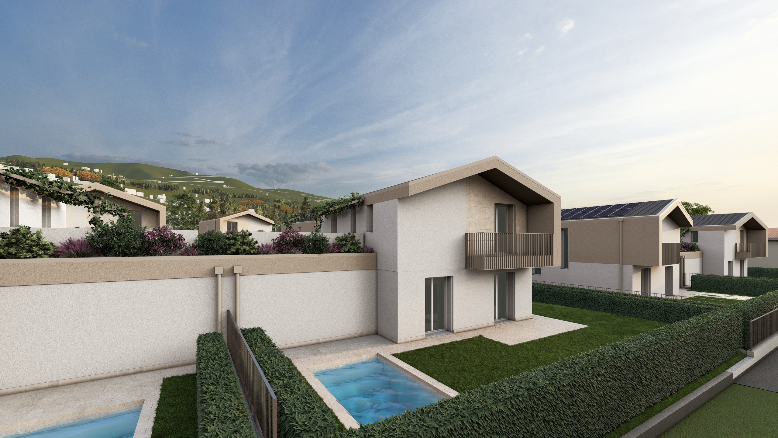 Render della Villa H. Il render è ha una prospettiva laterale e si può vedere il giardino e la piscina. La villa la sta progettando la Casalino Costruzioni