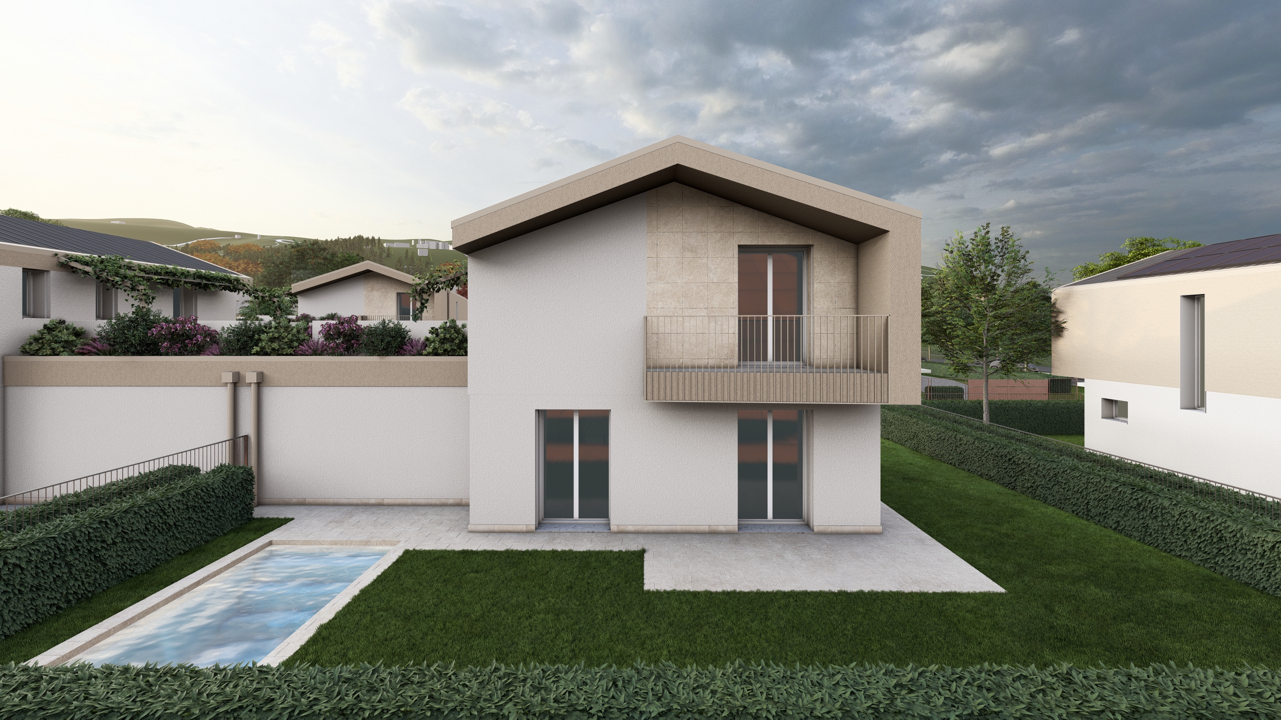 Render della Villa H. Il render è ha una prospettiva posteriore e si può vedere il giardino e la piscina. La villa la sta progettando la Casalino Costruzioni