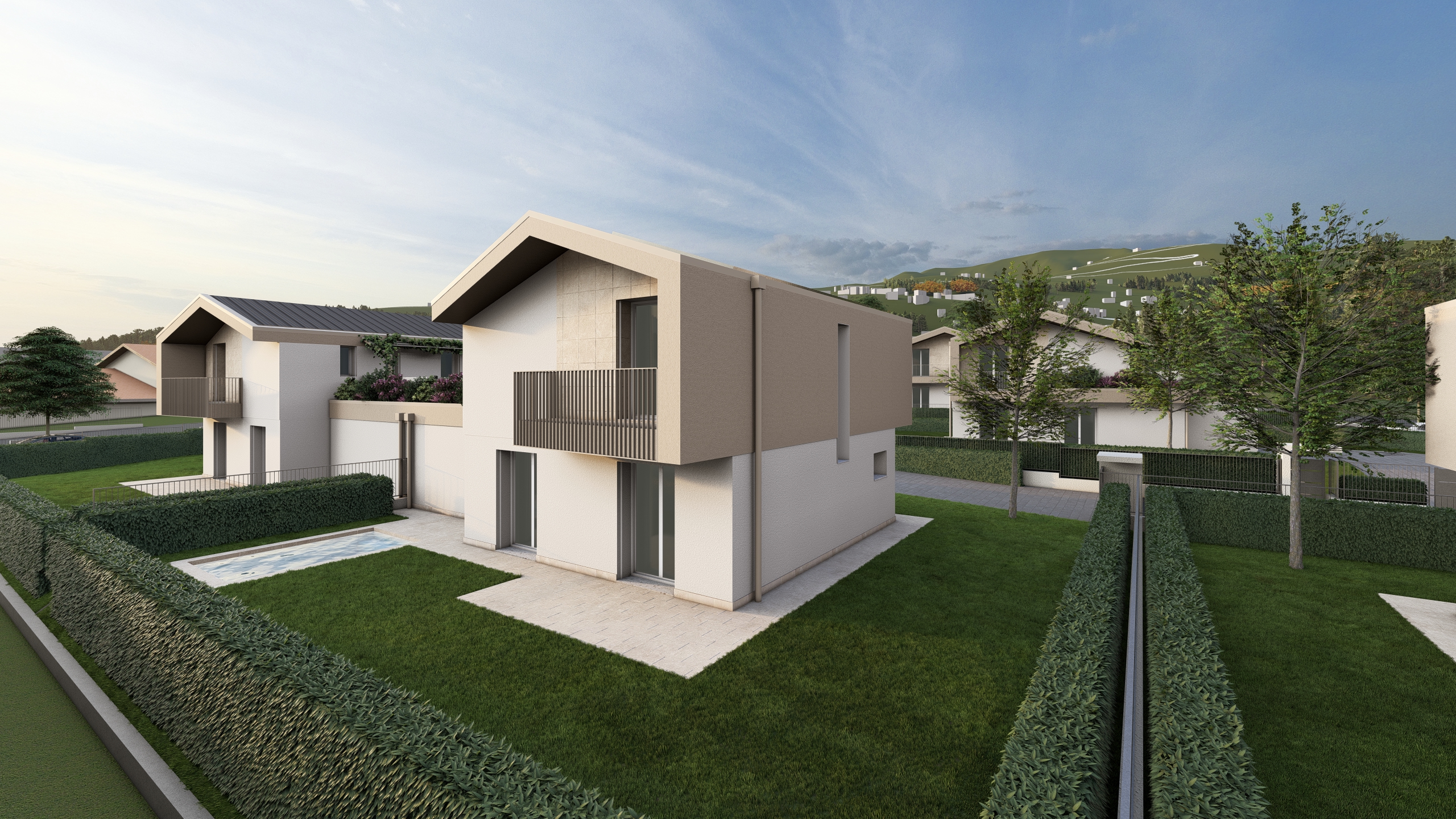 Render della Villa H. Il render è ha una prospettiva laterale e si può vedere il giardino e la piscina. La villa la sta progettando la Casalino Costruzioni