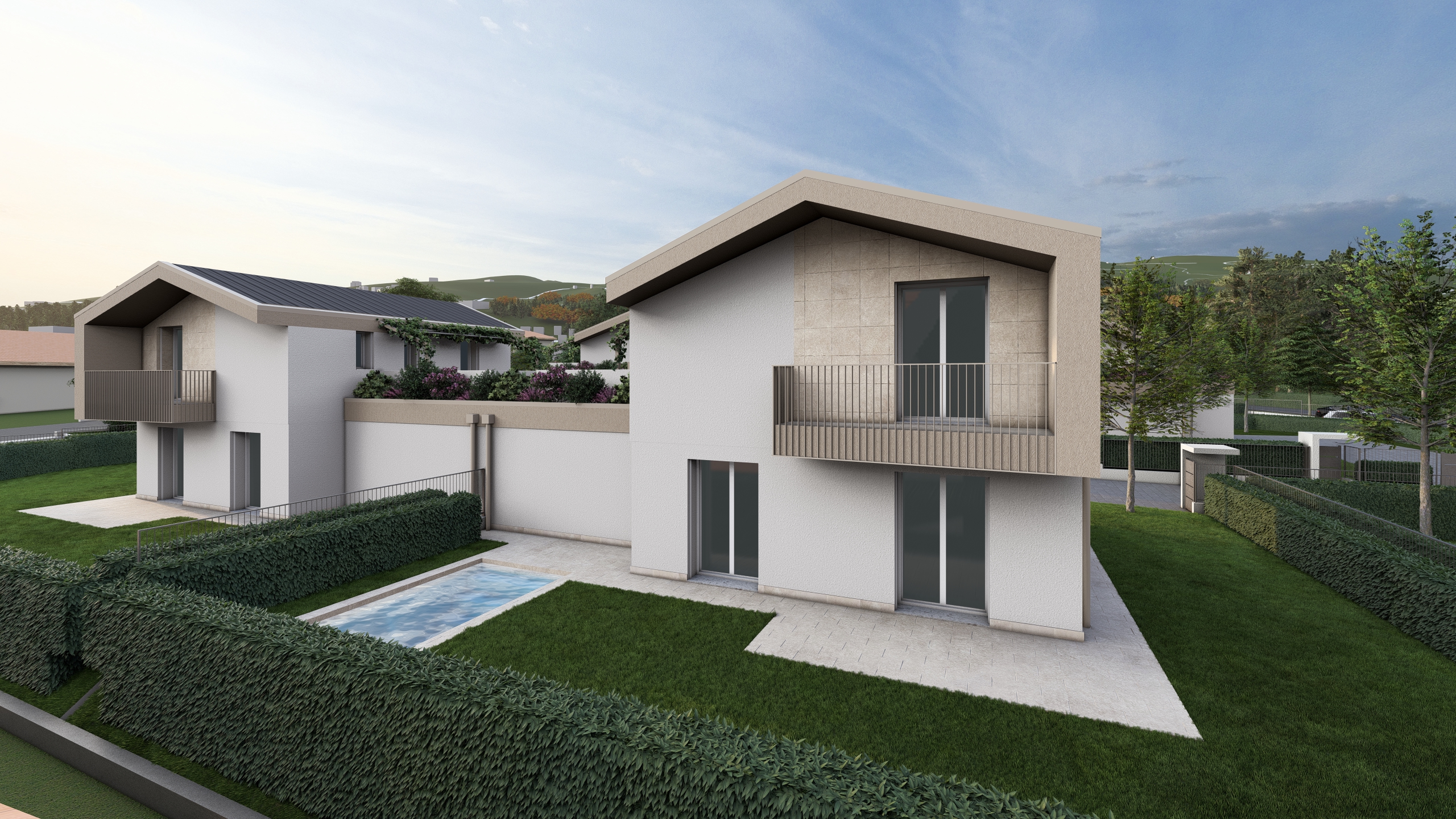 Render della Villa H. Il render è ha una prospettiva posteriore e si può vedere il giardino e la piscina. La villa la sta progettando la Casalino Costruzioni