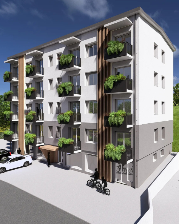 Render di un condominio ristrutturato a Tavernerio in provincia di Como. La progettazione e la ristrutturazione è effettuata da Casalino Engineering