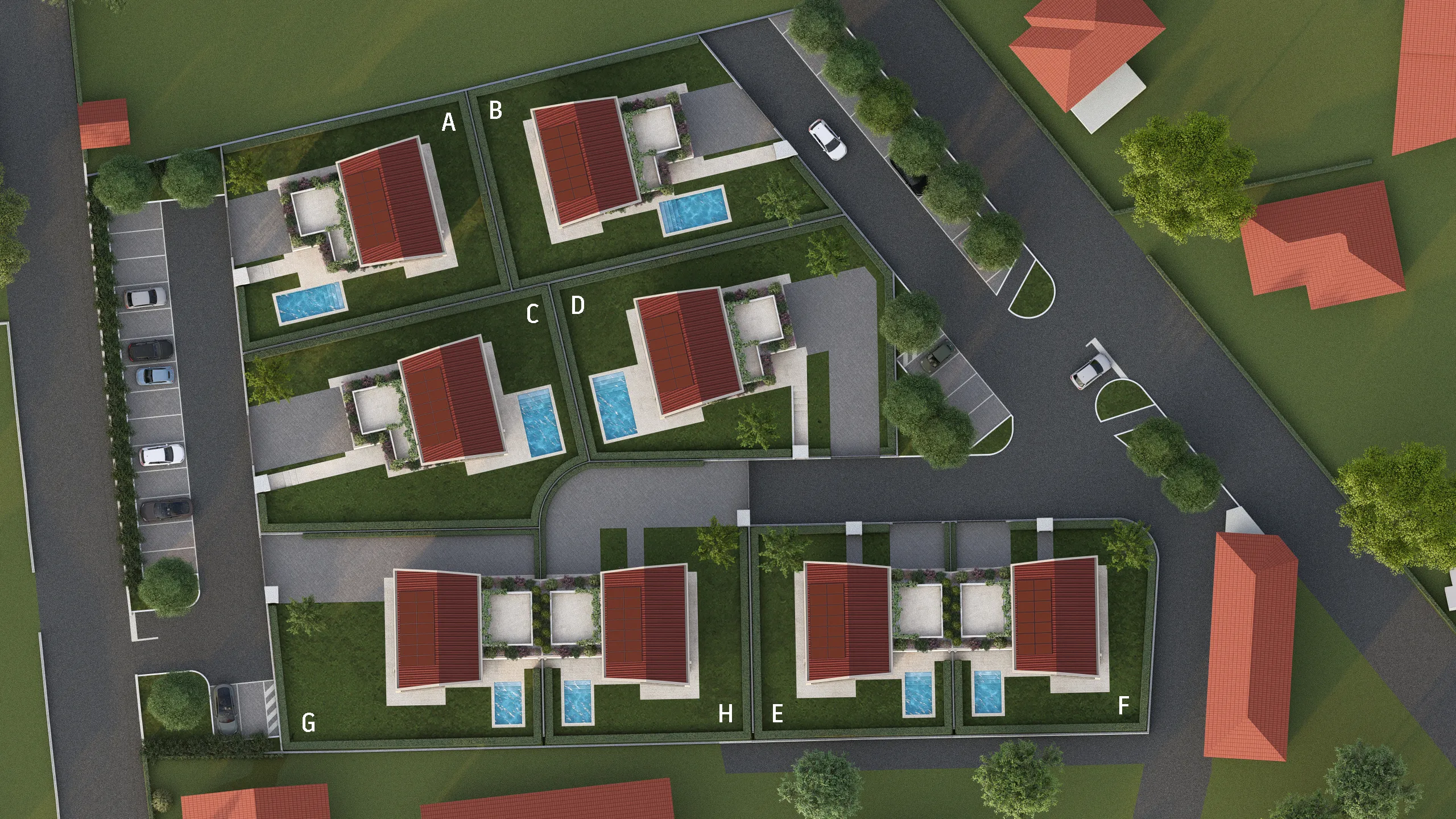 Render dall'alto del blocco in cui si trova una villa che sarà consegnata a gennaio 2027 da Casalino Engineering