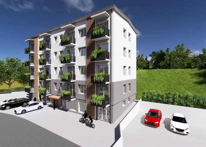 Render laterale di un condominio ristrutturato integralmente da Casalino Engineering in Tavernerio in provincia di Como